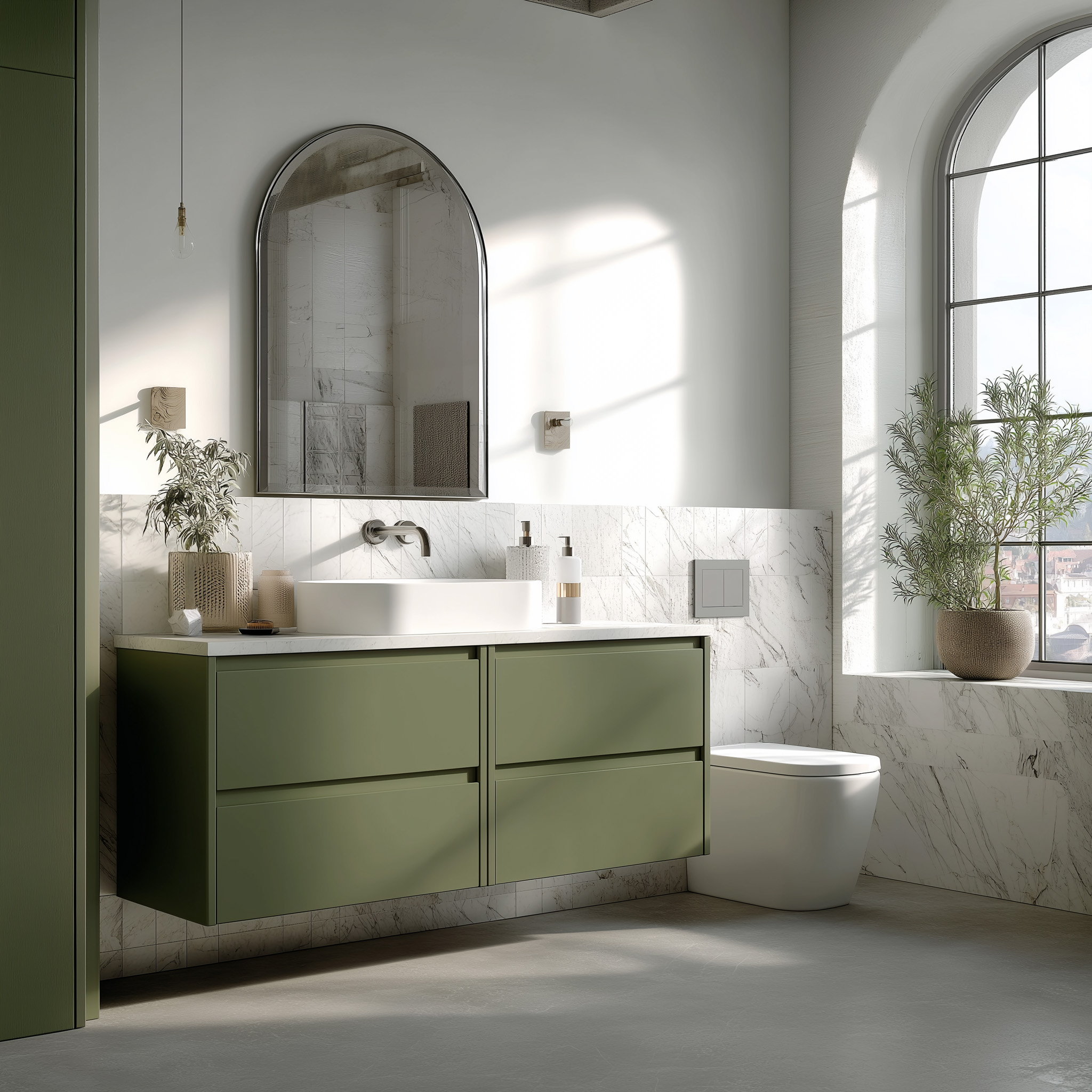 Scandinavian White Tiles Bathroom Design with Olive Vanity and Marble ...