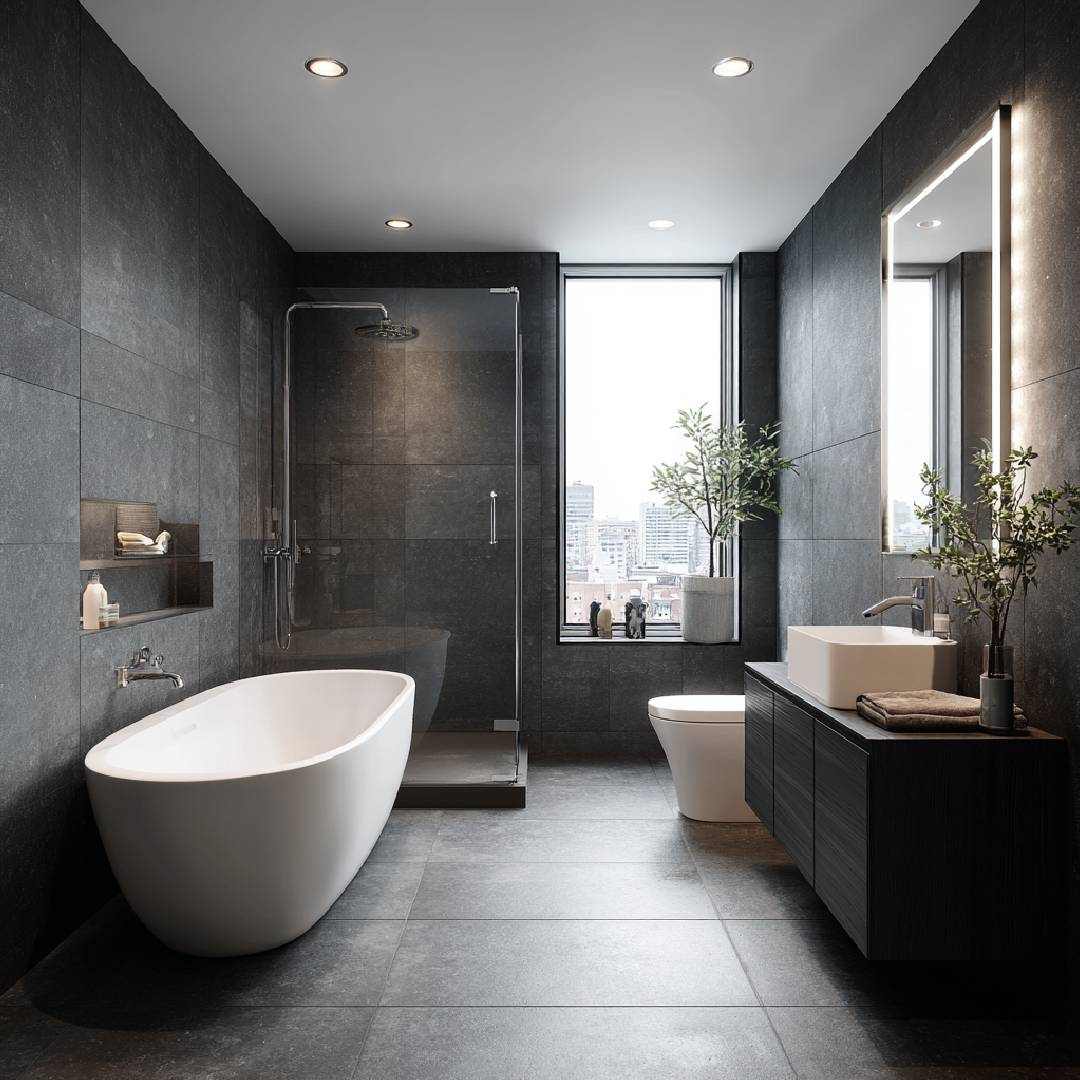Modern Grey and Black Texture Tiles Bathroom Design with Bathtub and ...