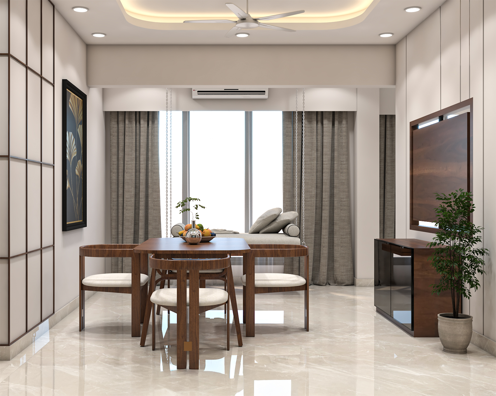 4-Seater Contemporary Dining Room Design with Wood Table and Grey Swing ...