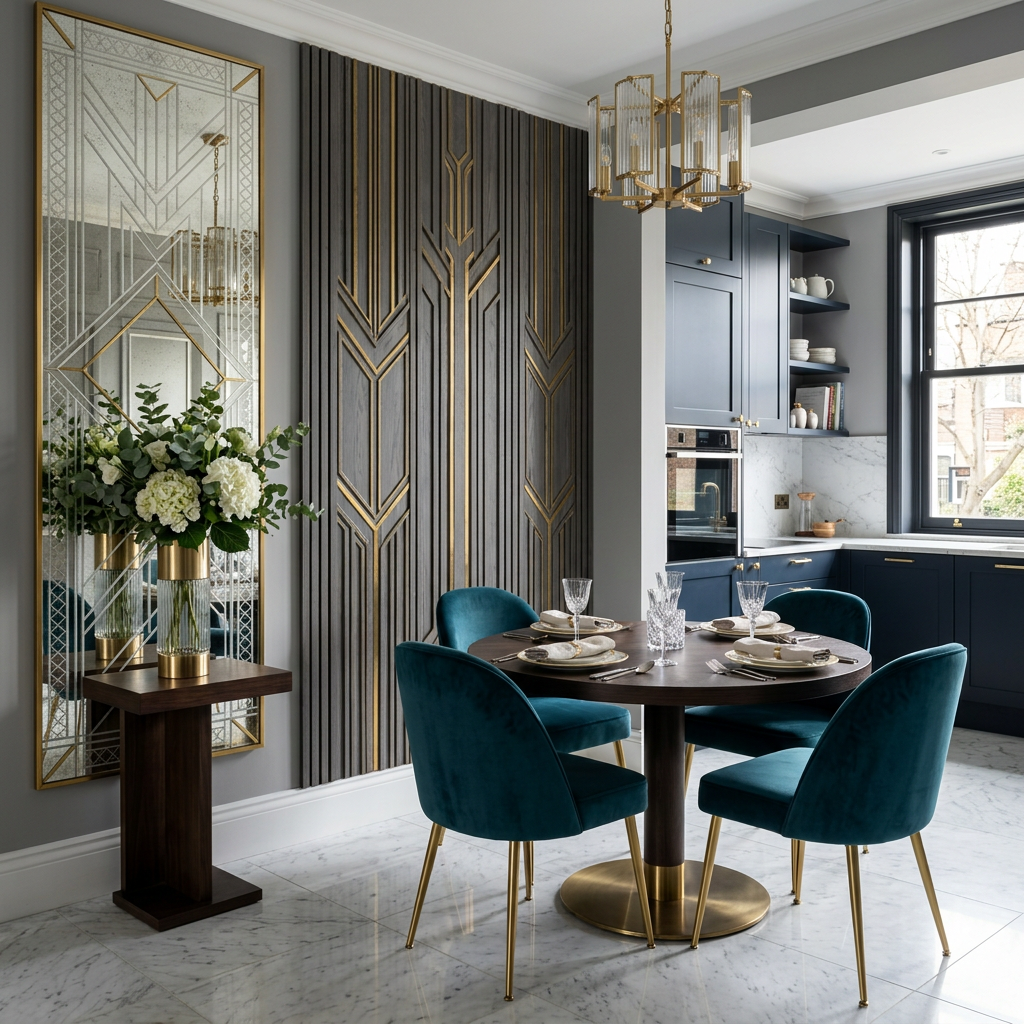 Contemporary Dining Room Design with Round Table and Kitchen Storage ...