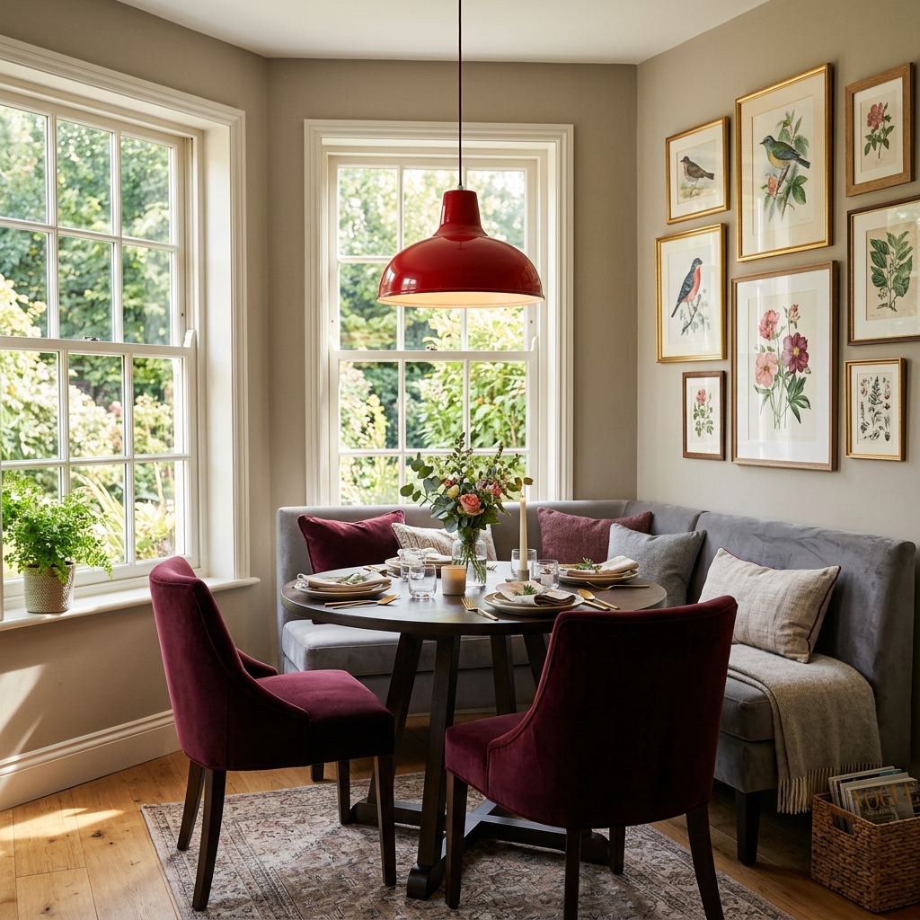 Modern Dining Room Design with L-Shaped Banquette Seating and Round ...