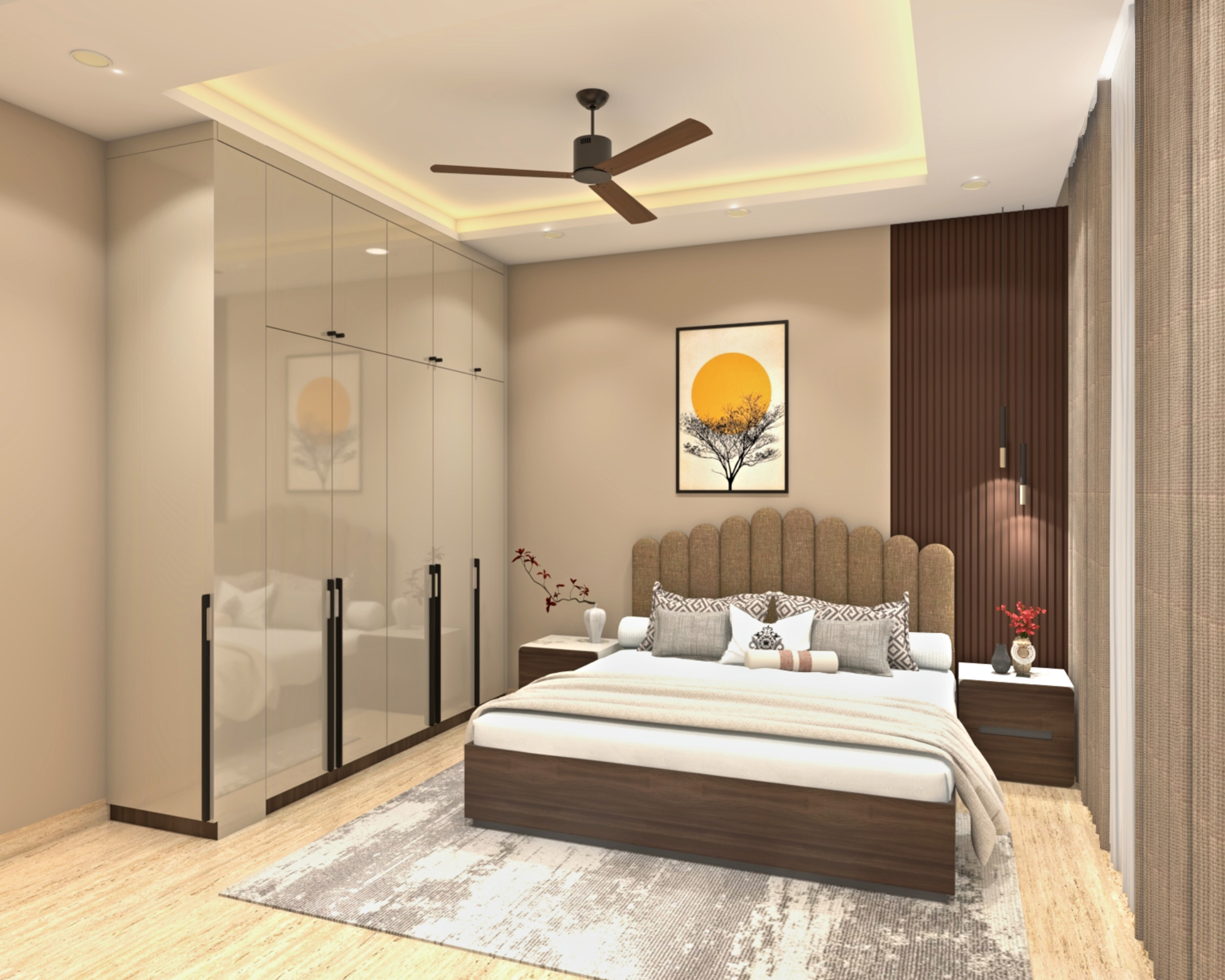 Contemporary Guest Bedroom Design with Glossy Wardrobe and Upholstered ...