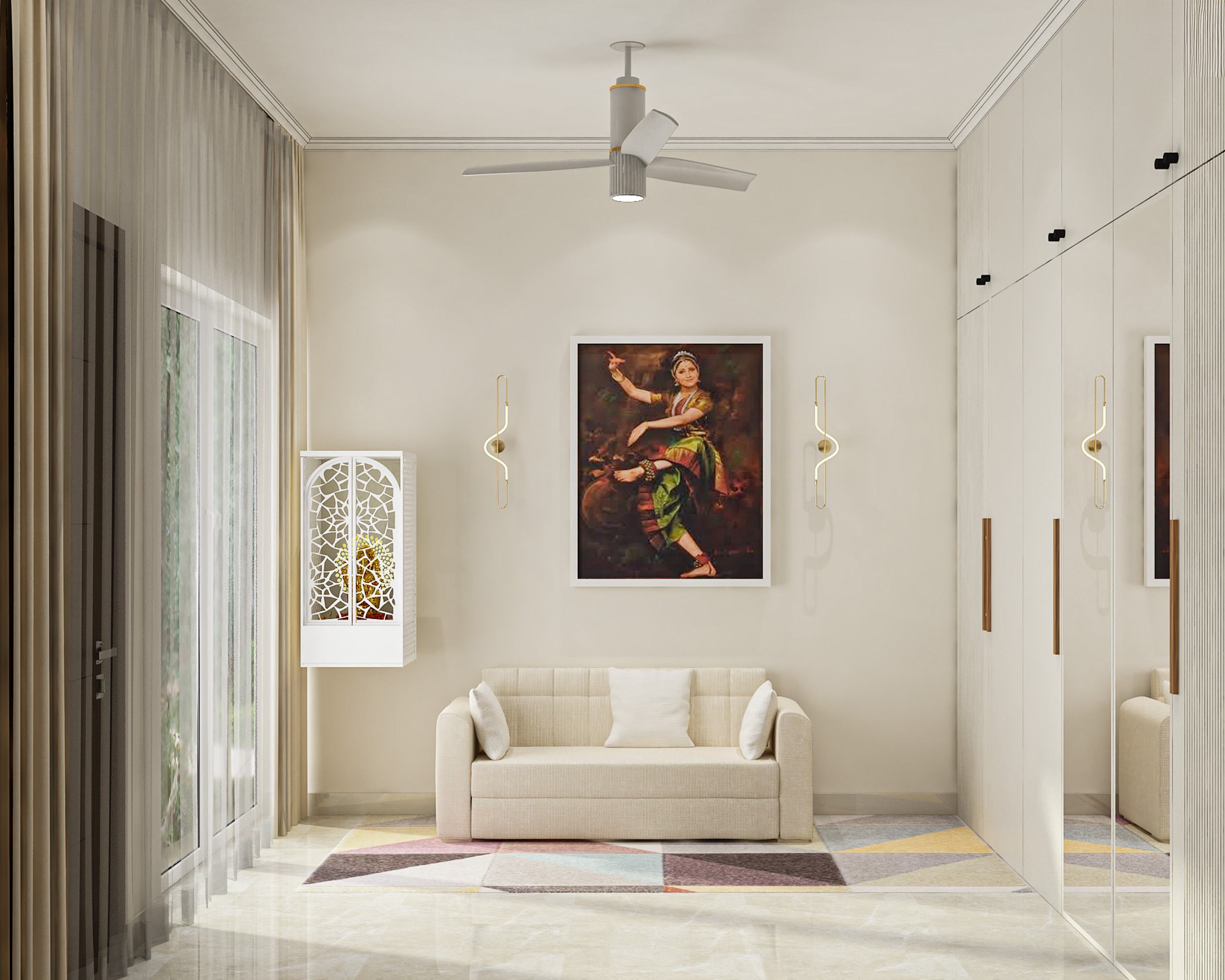 Modern Guest Bedroom Design with Wardrobe Storage and Seating Area ...
