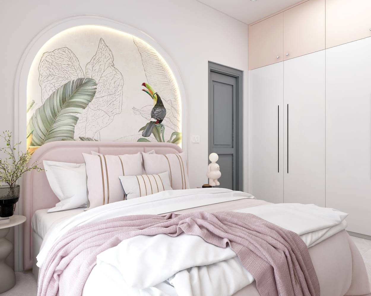 Blush and Green Modern Guest Bedroom Design with Tropical Arched ...