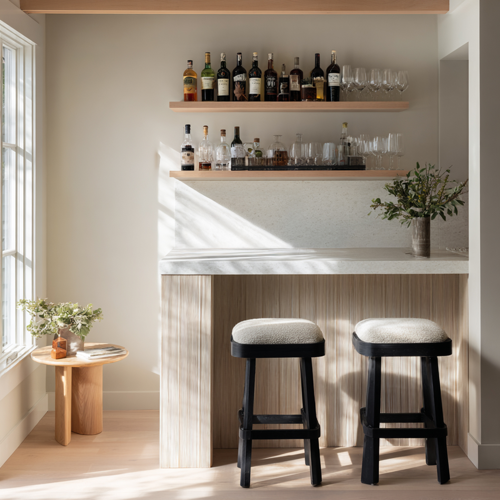 Scandinavian Home Bar Design with Walnut Finish and Floating Shelves ...