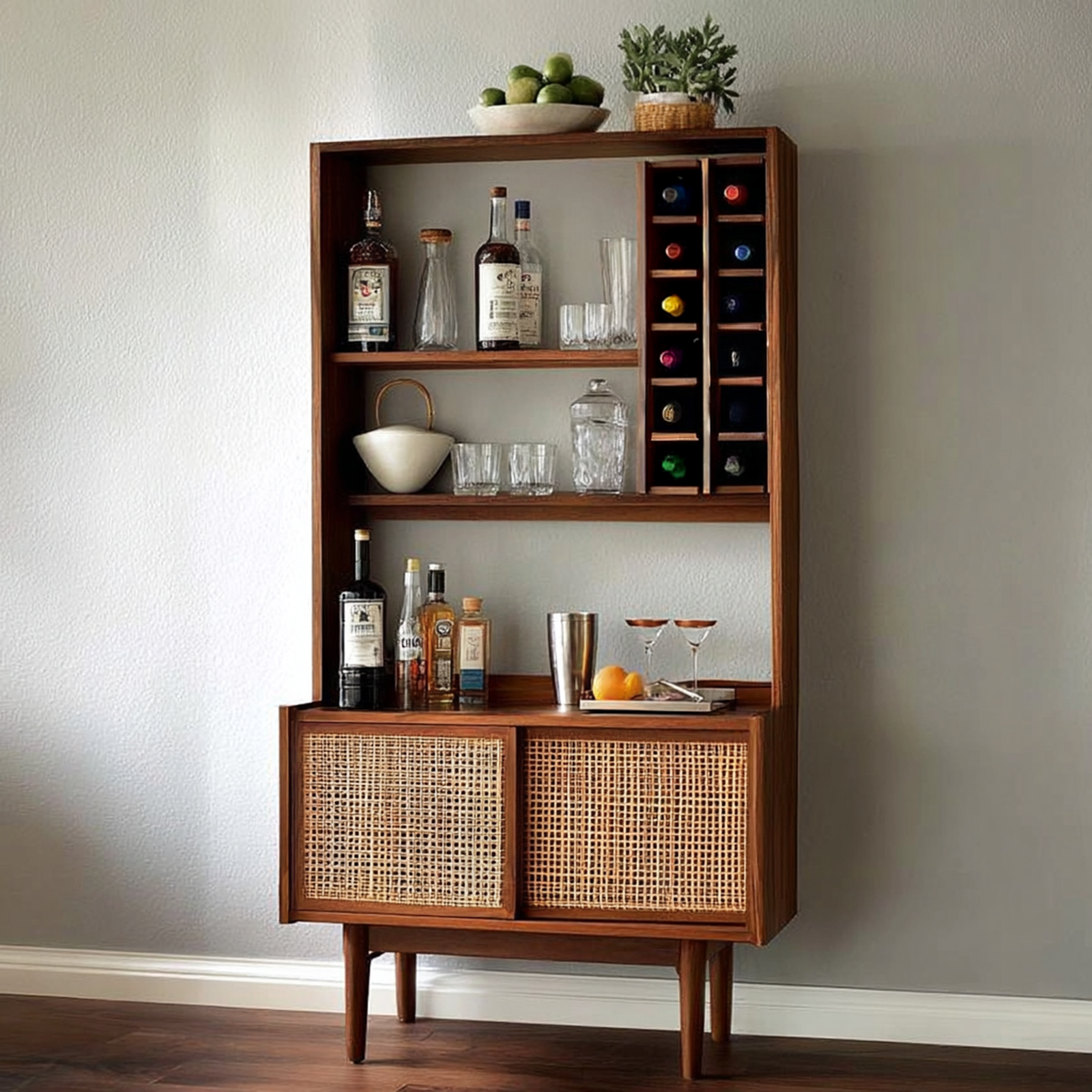 Walnut Mid-Century Modern Home Bar Design with Cane Cabinet and Wine ...