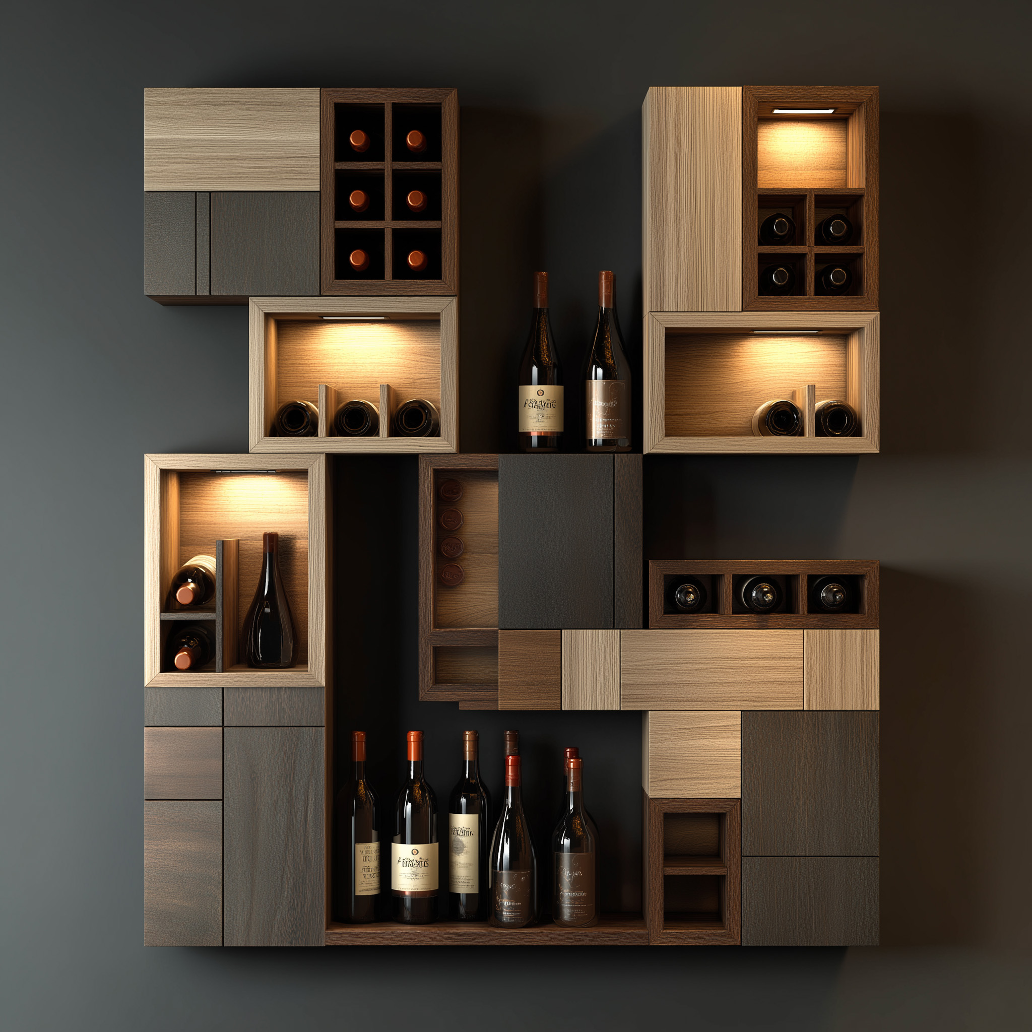 Contemporary Wooden Shade Home Bar Design with Modular Box Shelves ...