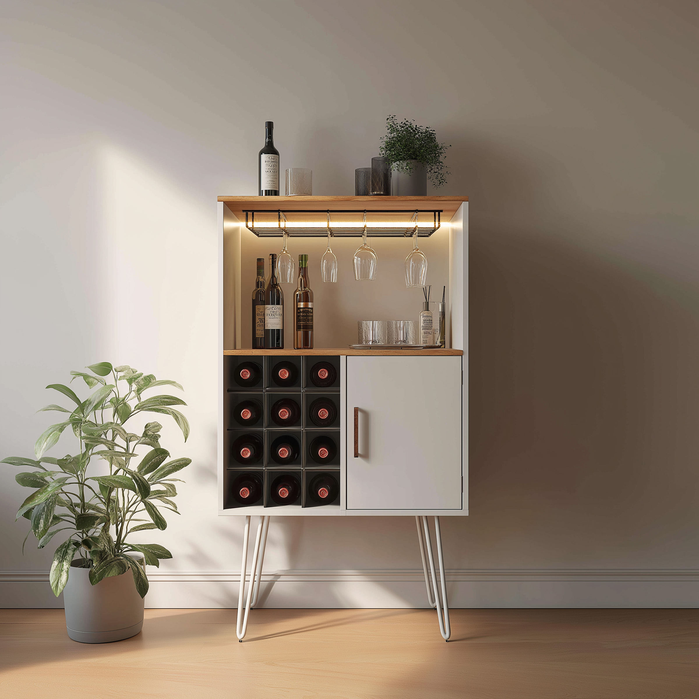 Minimal White and Wood Home Bar Design with Bottle Cubbies and Display ...