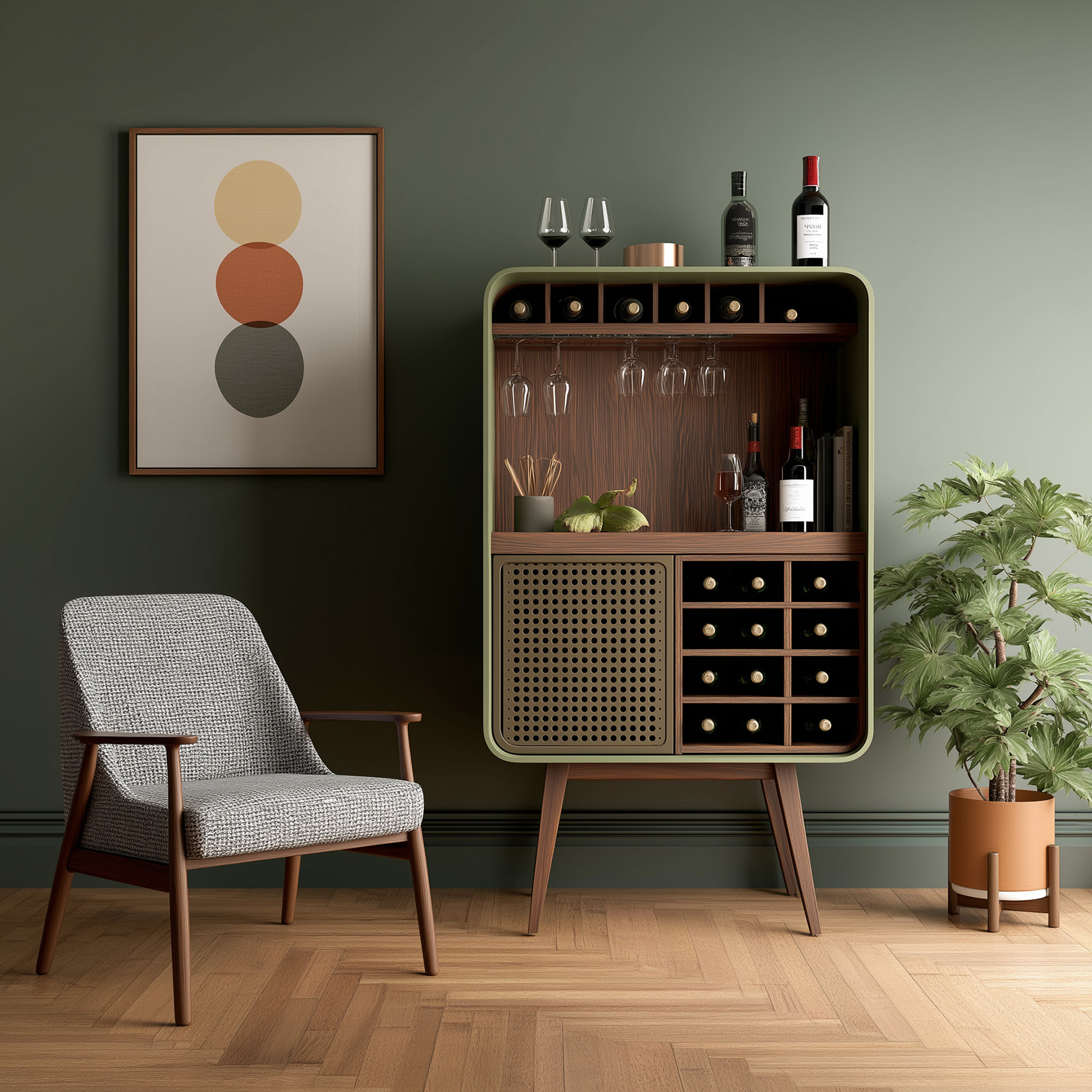 Contemporary Olive Green and Wood Home Bar Design with Hanging Glass ...