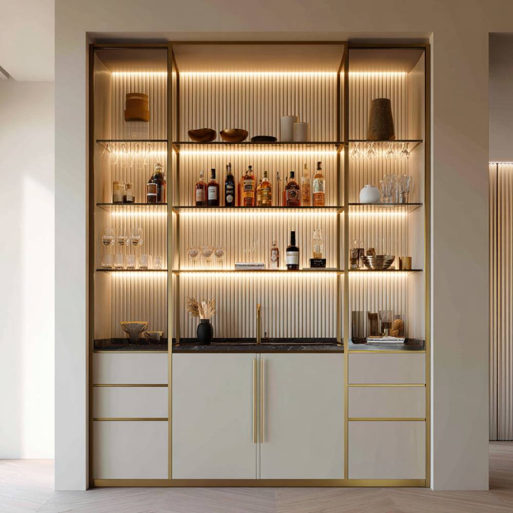 White Modern Home Bar Design with Open Display Niche | Livspace