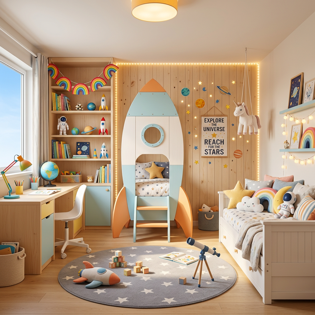Modern Kids Bedroom Design with Space Theme and Playhouse Bed Setup ...