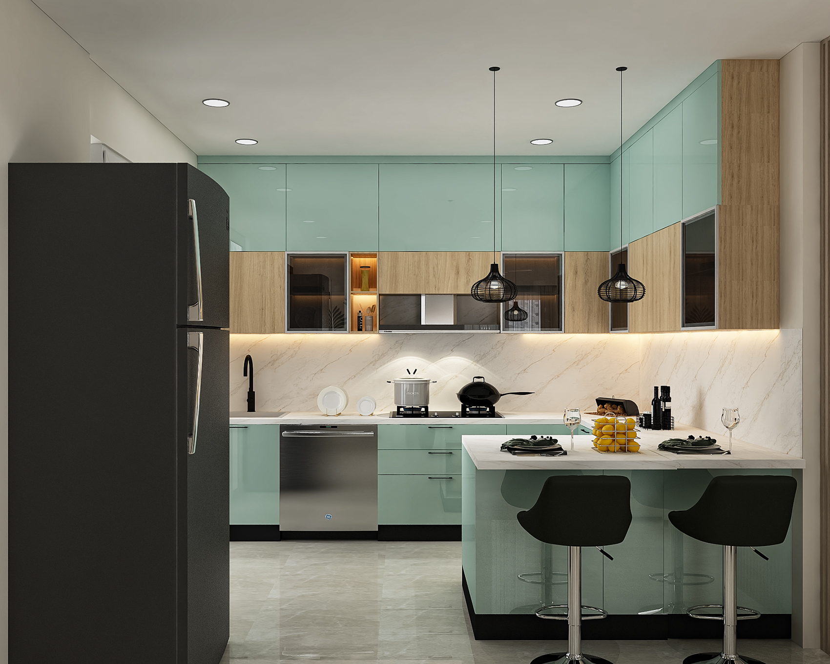 Modern Walnut and Blue U-Shaped Kitchen Design with Quartz Countertop ...