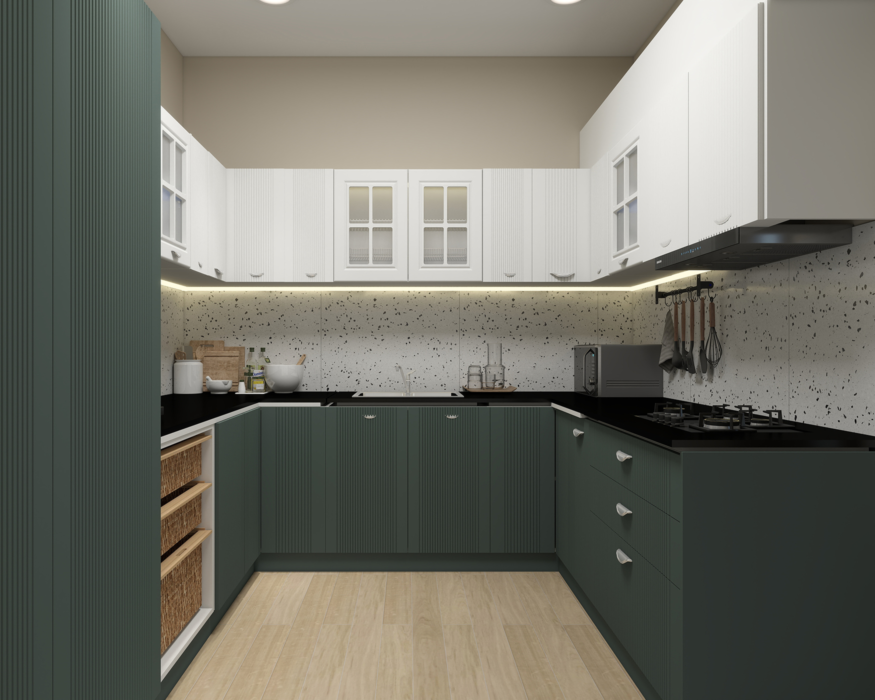 Contemporary White and Caribe U-Shaped Kitchen Design with Granite Top ...