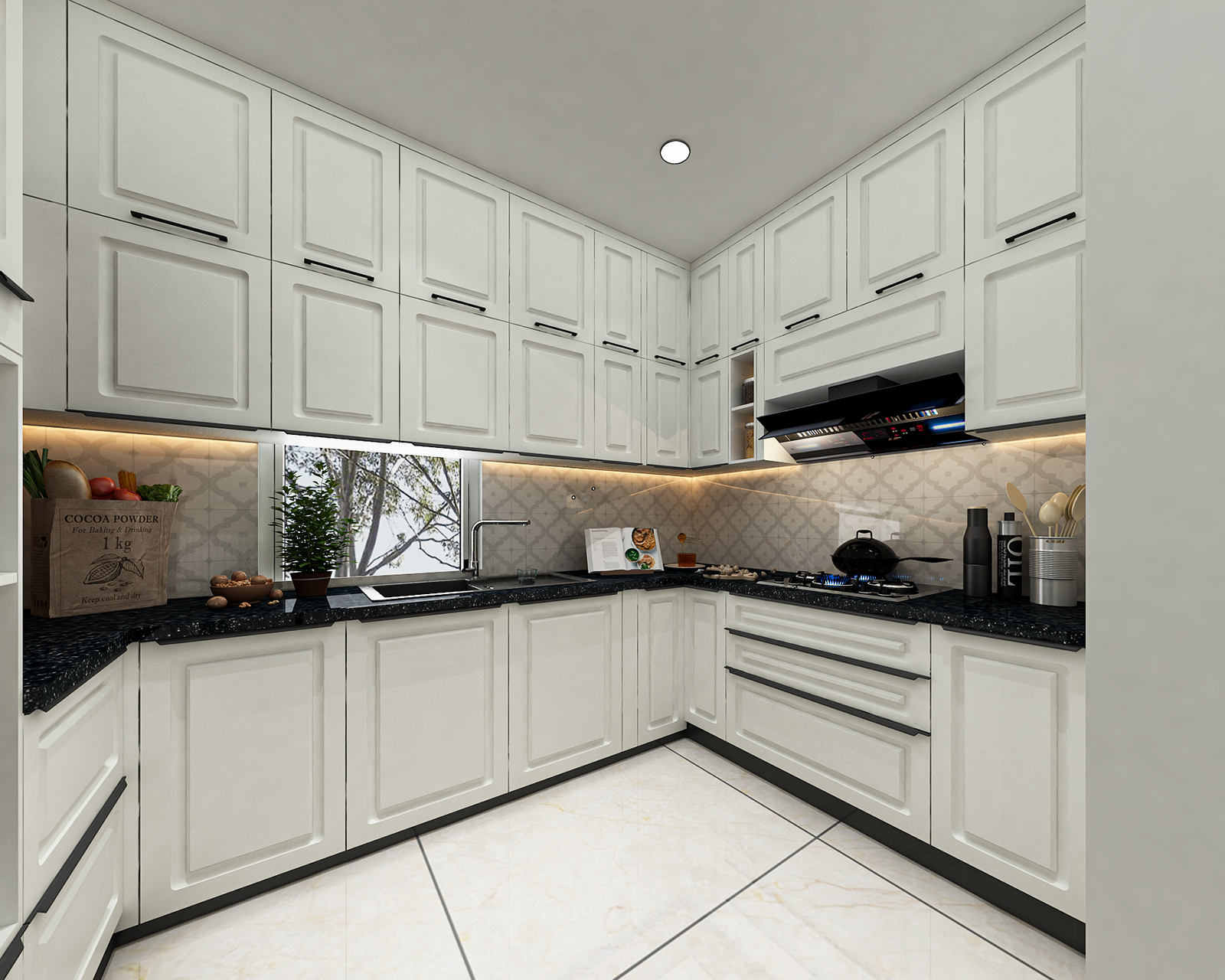 Off White Classic U-Shaped Kitchen Design with Granite Countertops ...