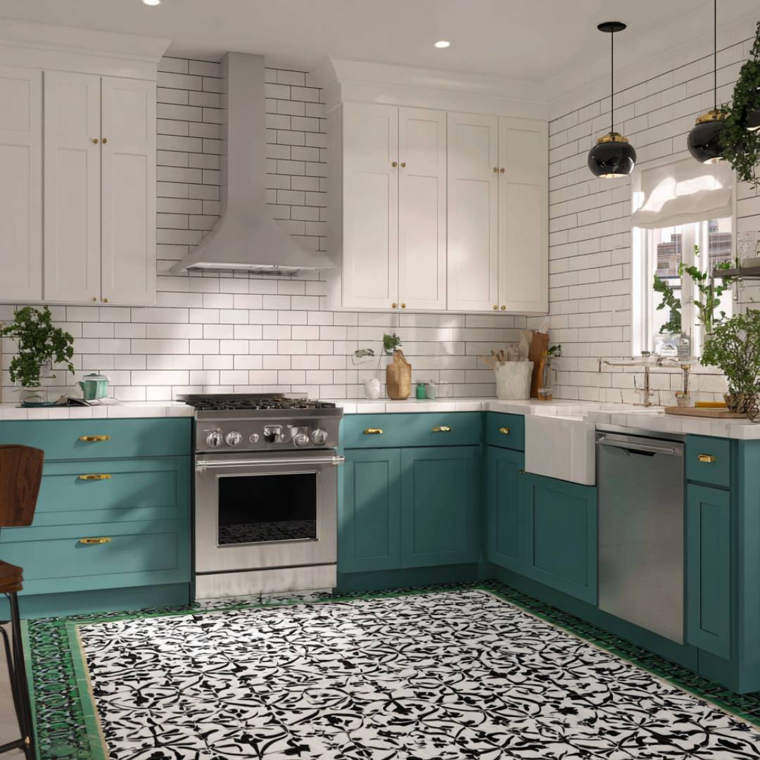 L-Shaped Classic Kitchen Design with Teal Cabinets and White Backsplash ...