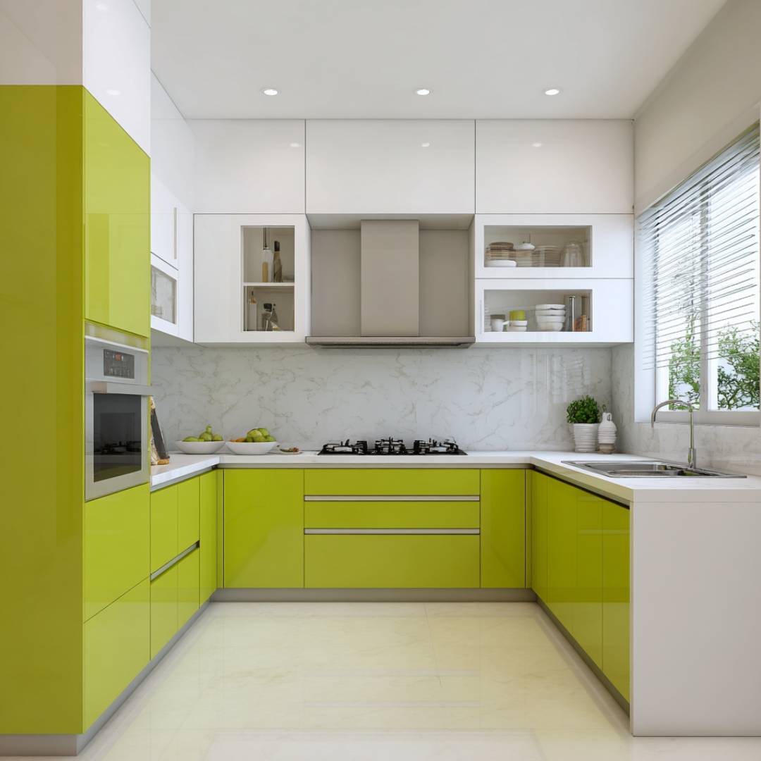 U-Shaped Modern Kitchen Design with Lime and White Units and Marble ...