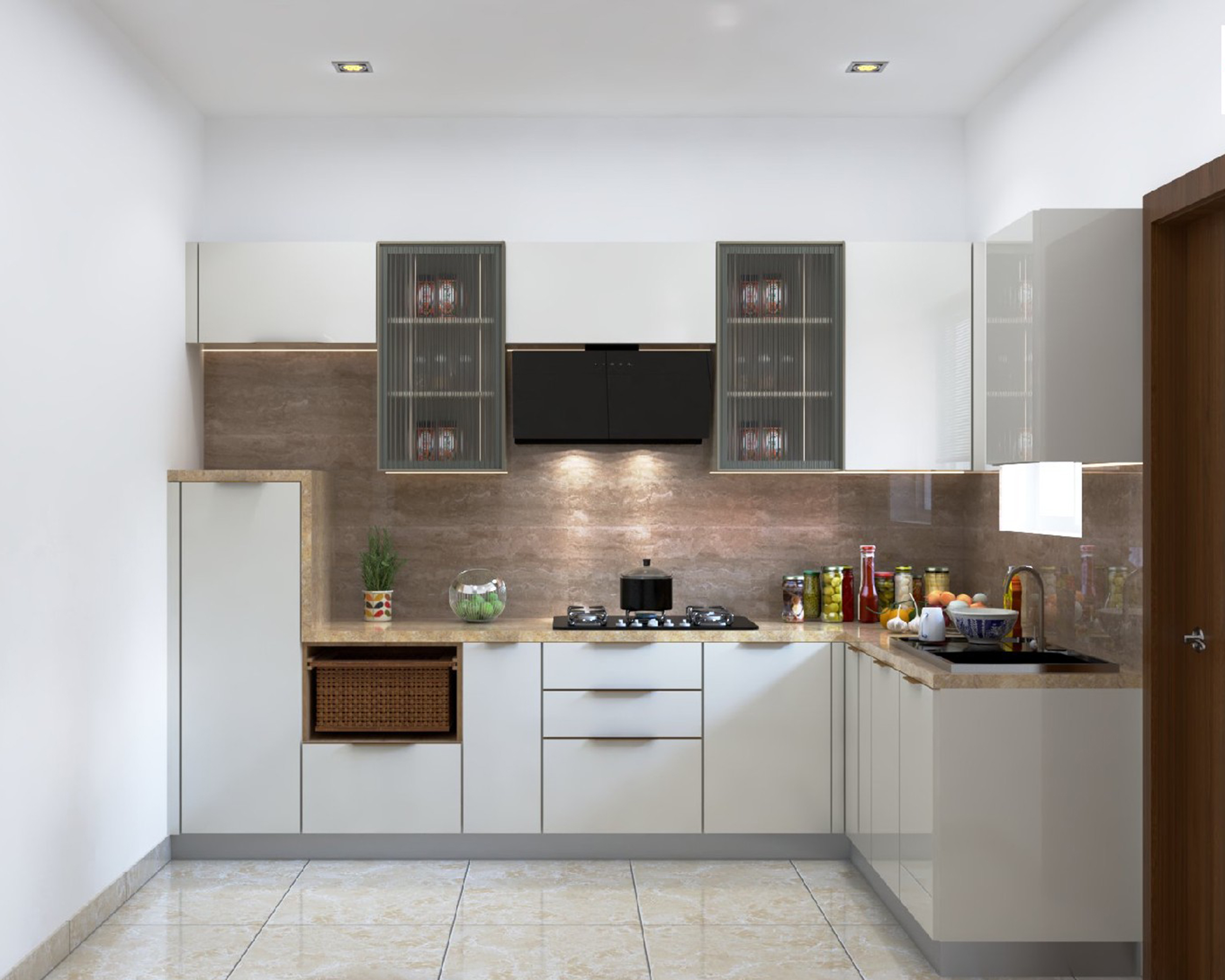 Contemporary White L-Shaped Kitchen Design with Granite Countertop ...