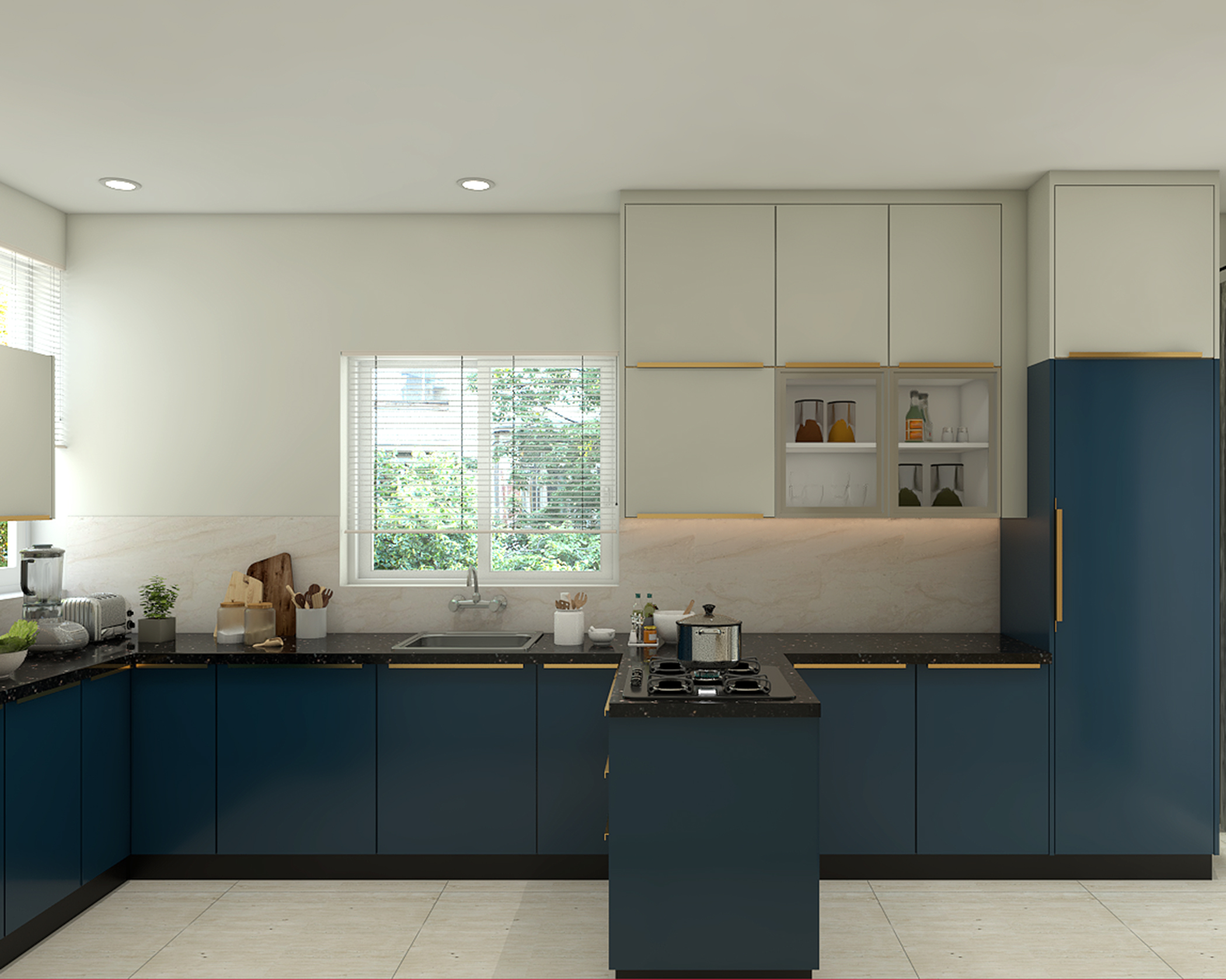 Contemporary Blue and White U-Shaped Kitchen Design with Granite ...