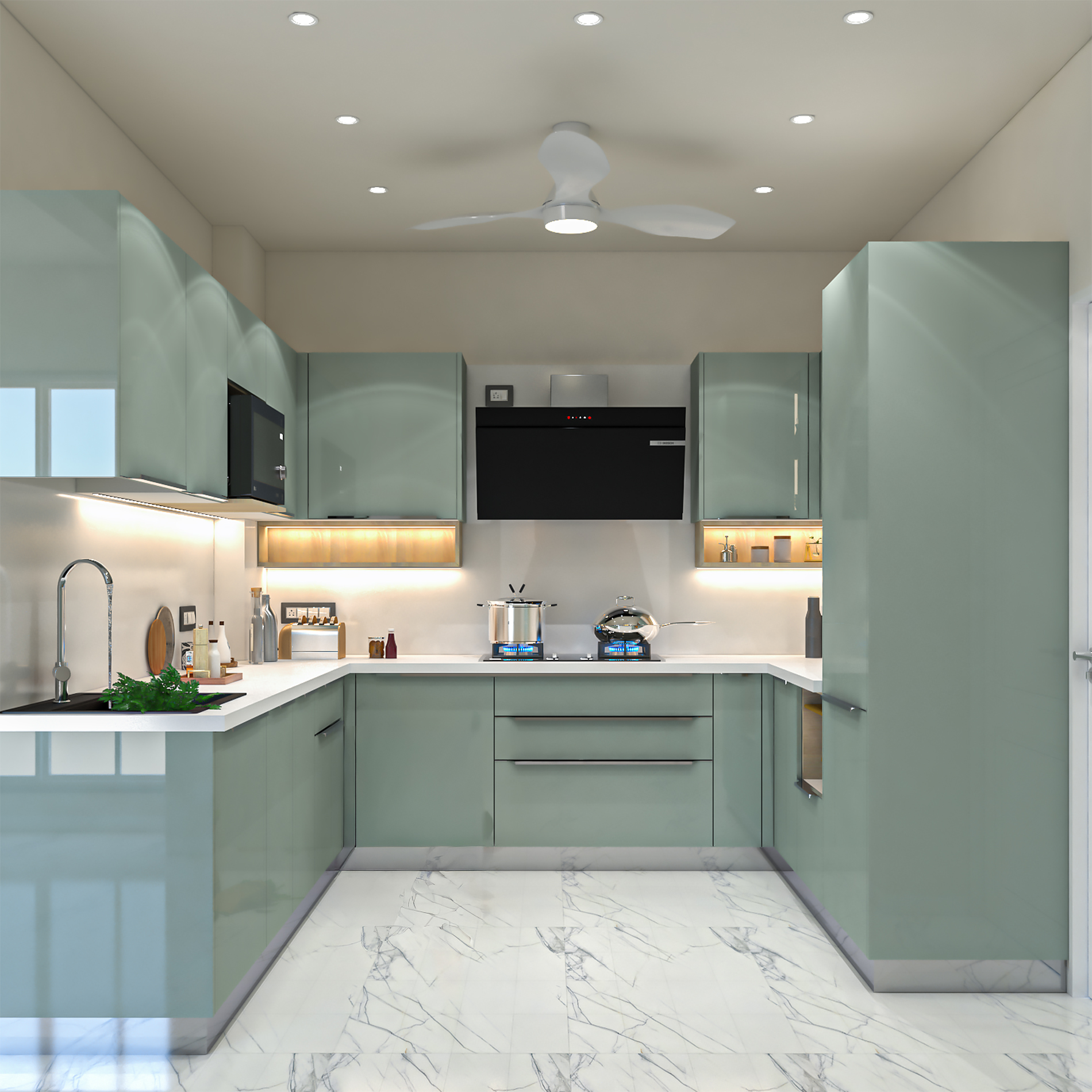 Silver U-Shaped Contemporary Kitchen Design with Marble Countertop ...