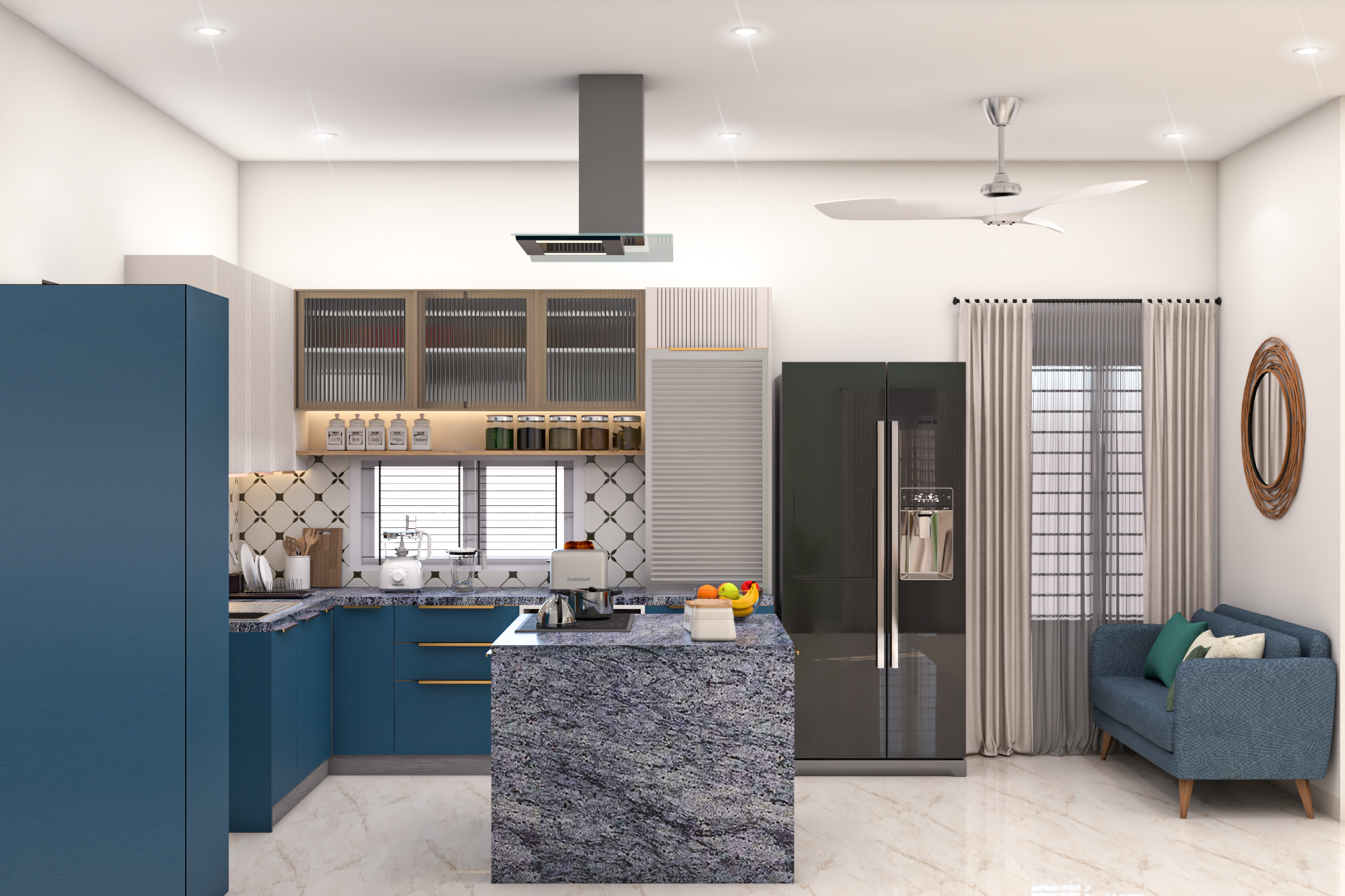 Blue and White Contemporary Island Kitchen Design with Granite ...