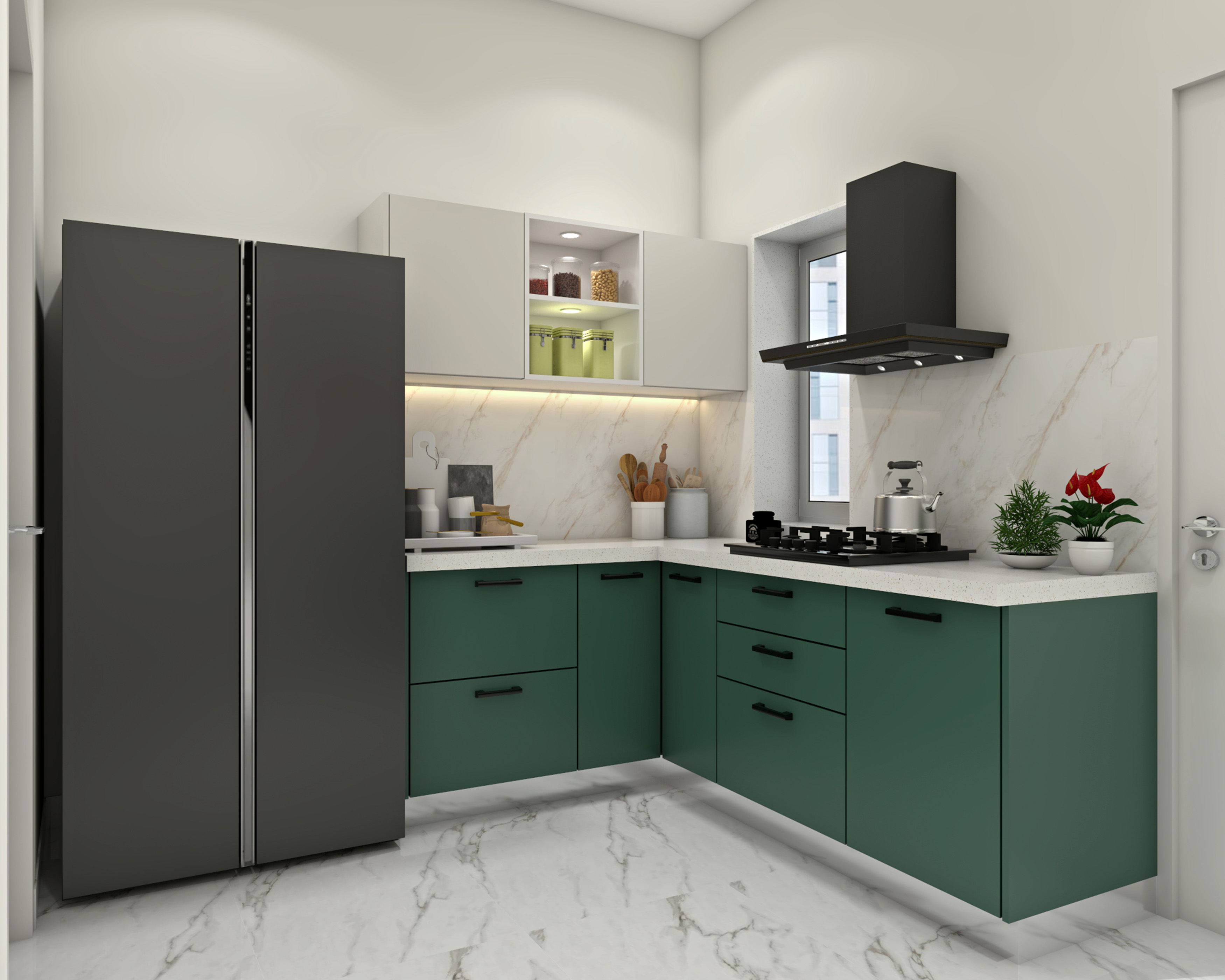 Caribe and White L-Shaped Contemporary Kitchen Design with Quartz ...