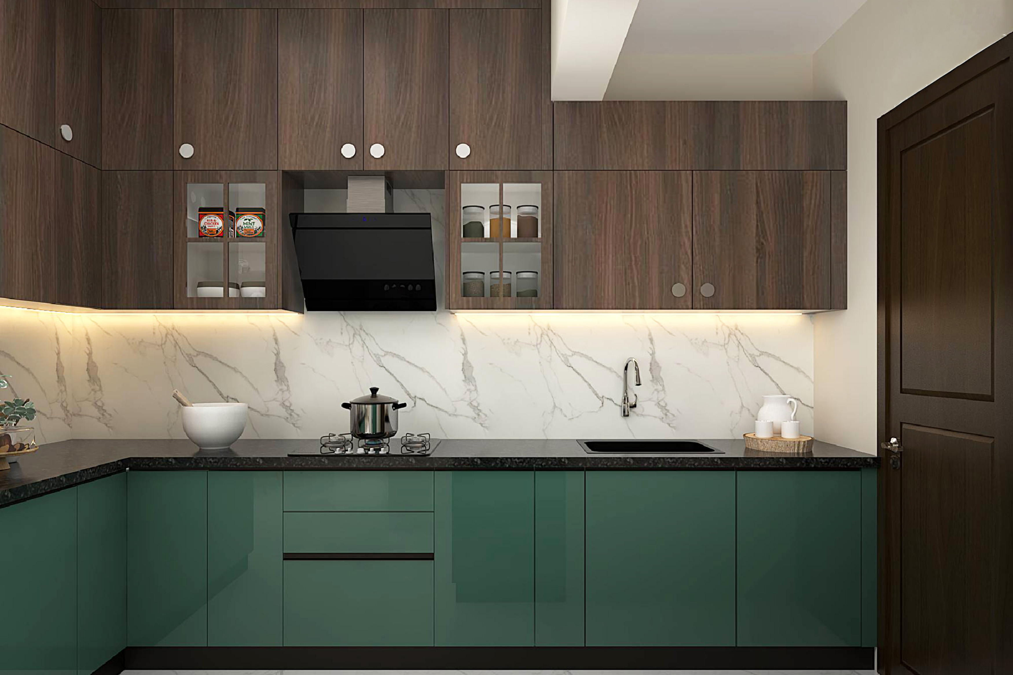 Teal and Wood L-Shaped Contemporary Kitchen Design with Marble ...