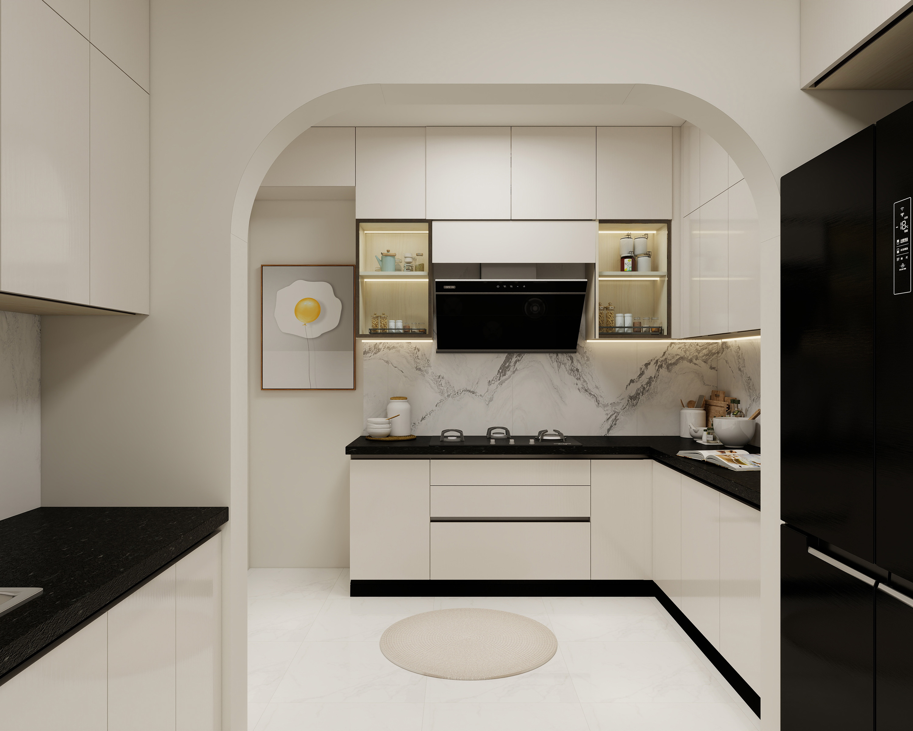 L-Shaped Modern Kitchen Design with White Glossy Cabinets and Granite ...