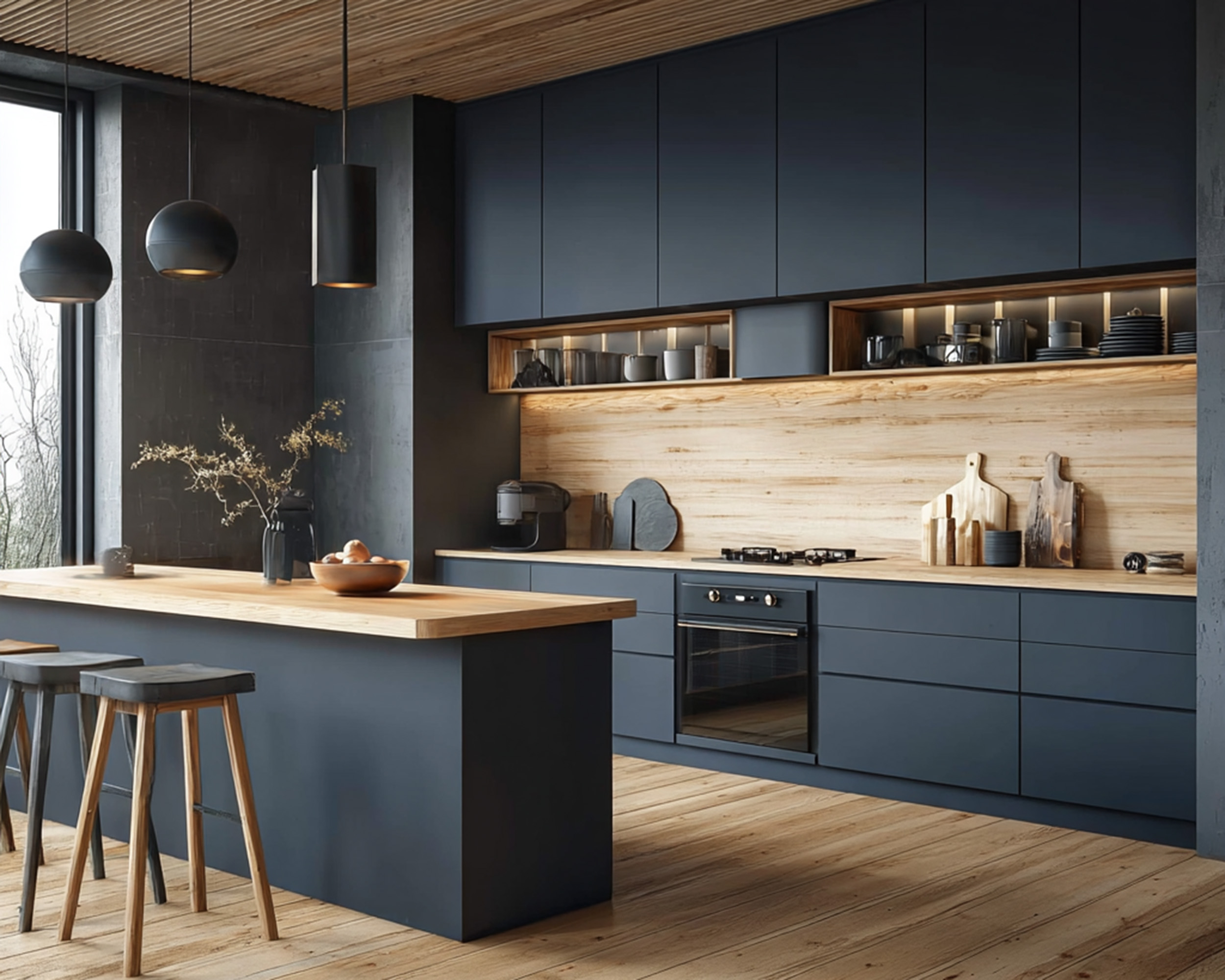 Contemporary Navy Blue Island Kitchen Design with Wood Countertop ...