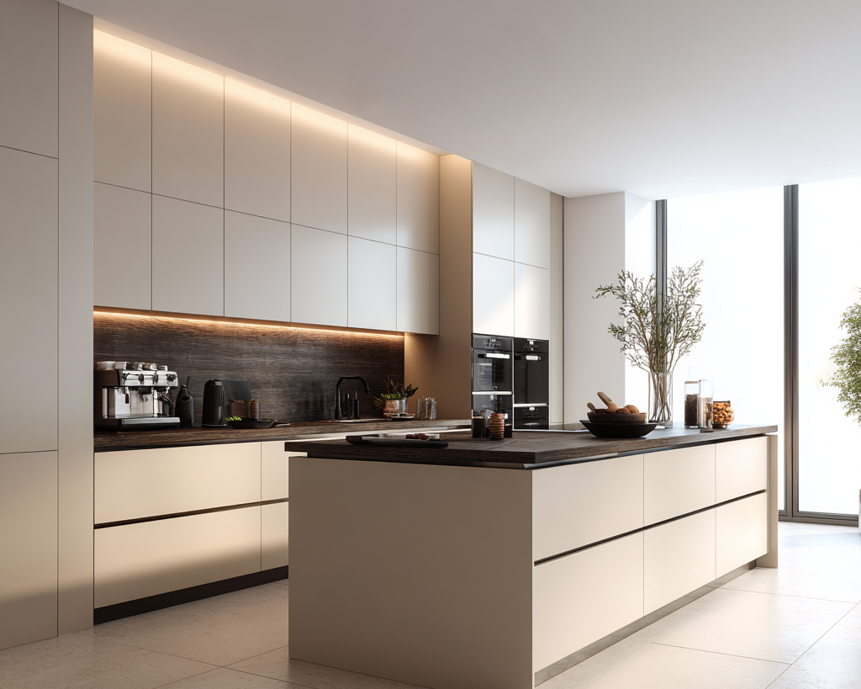 Modern Cream Island Kitchen Design with Wood Countertops and Coffee ...
