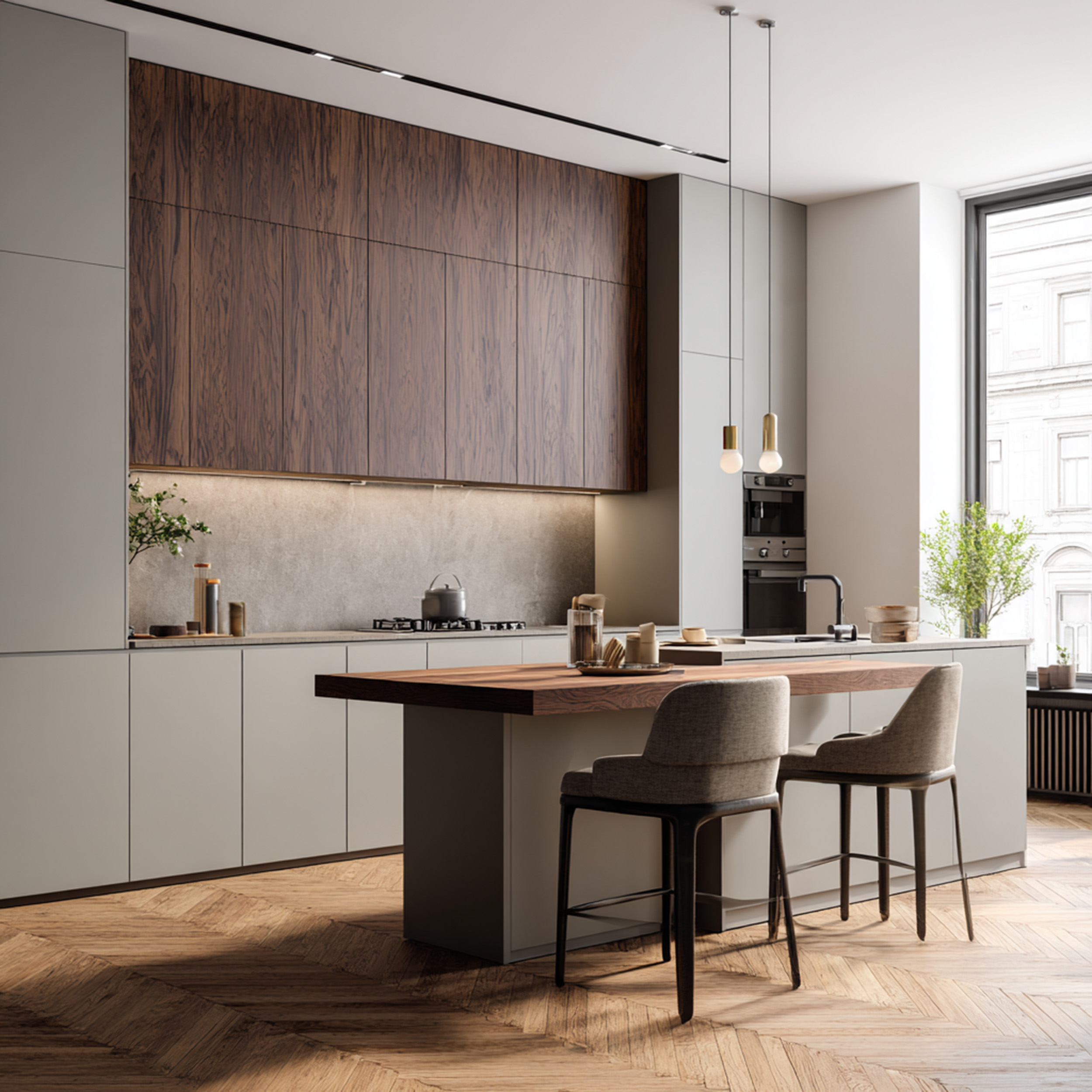 Modern Grey and Walnut Island Kitchen Design with Quartz Countertops ...
