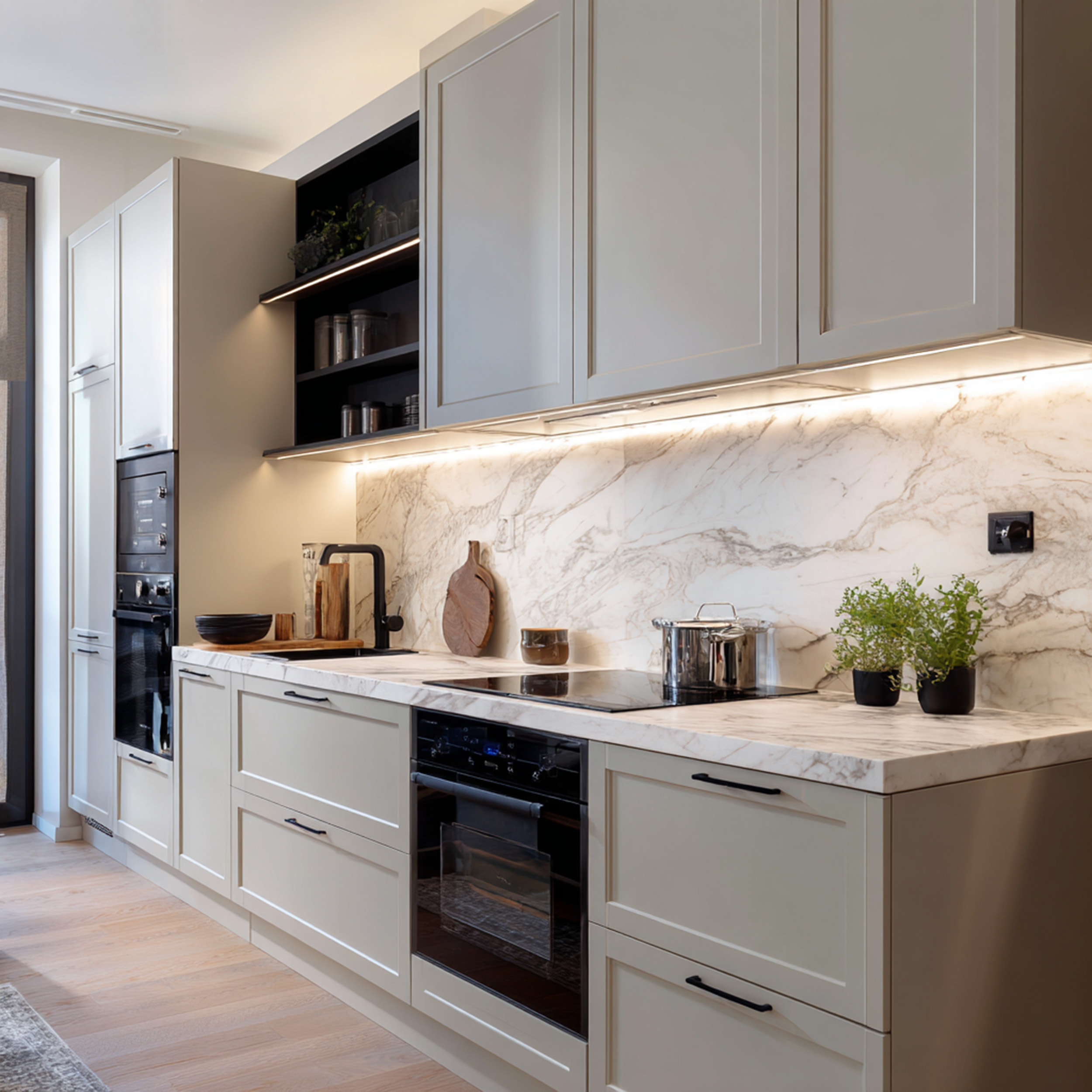 Mocca Nat Contemporary Straight Kitchen Design with Quartz Countertops ...