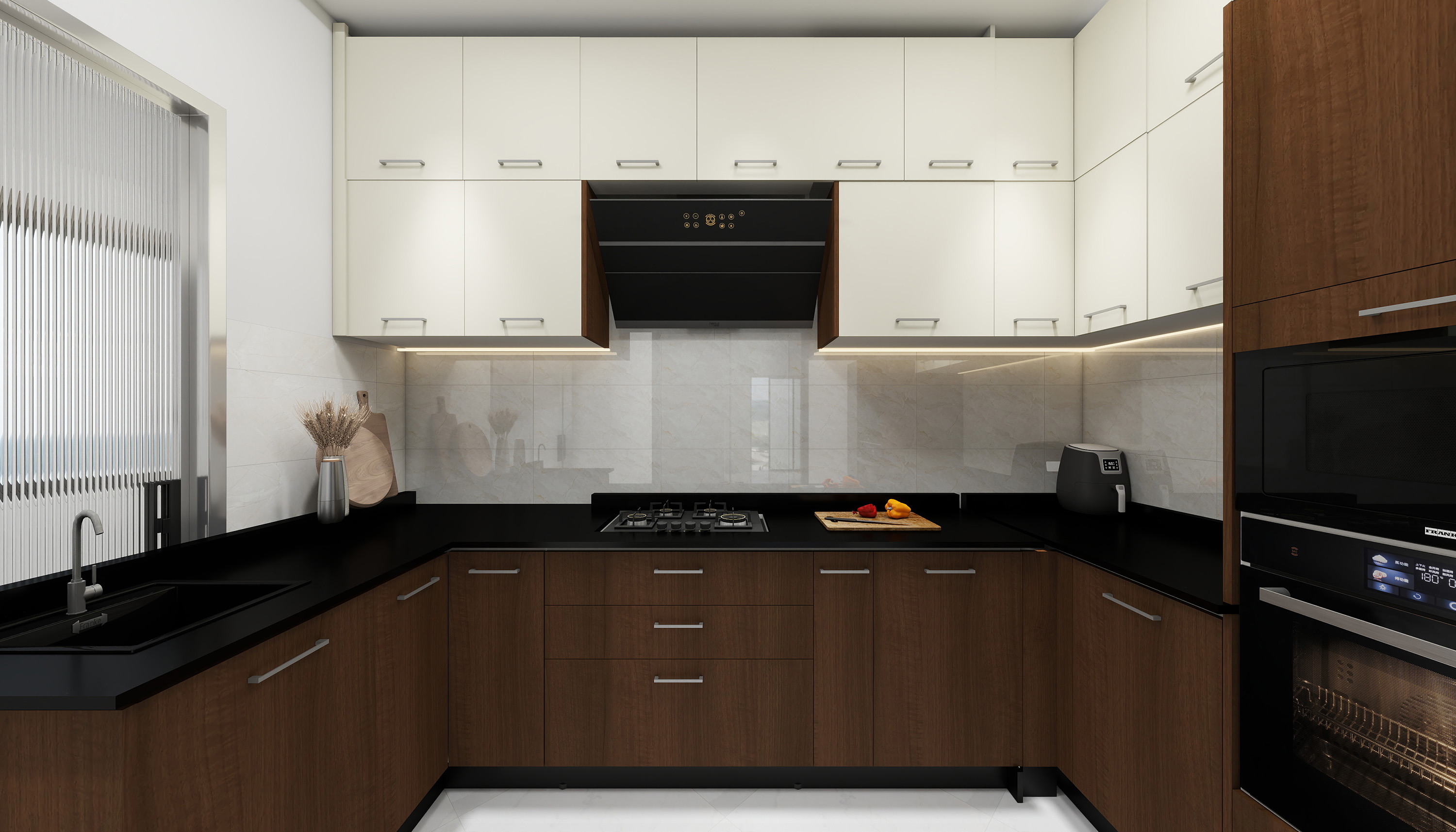 Walnut Bronze Modern U-Shaped Kitchen Design with Granite Countertop ...