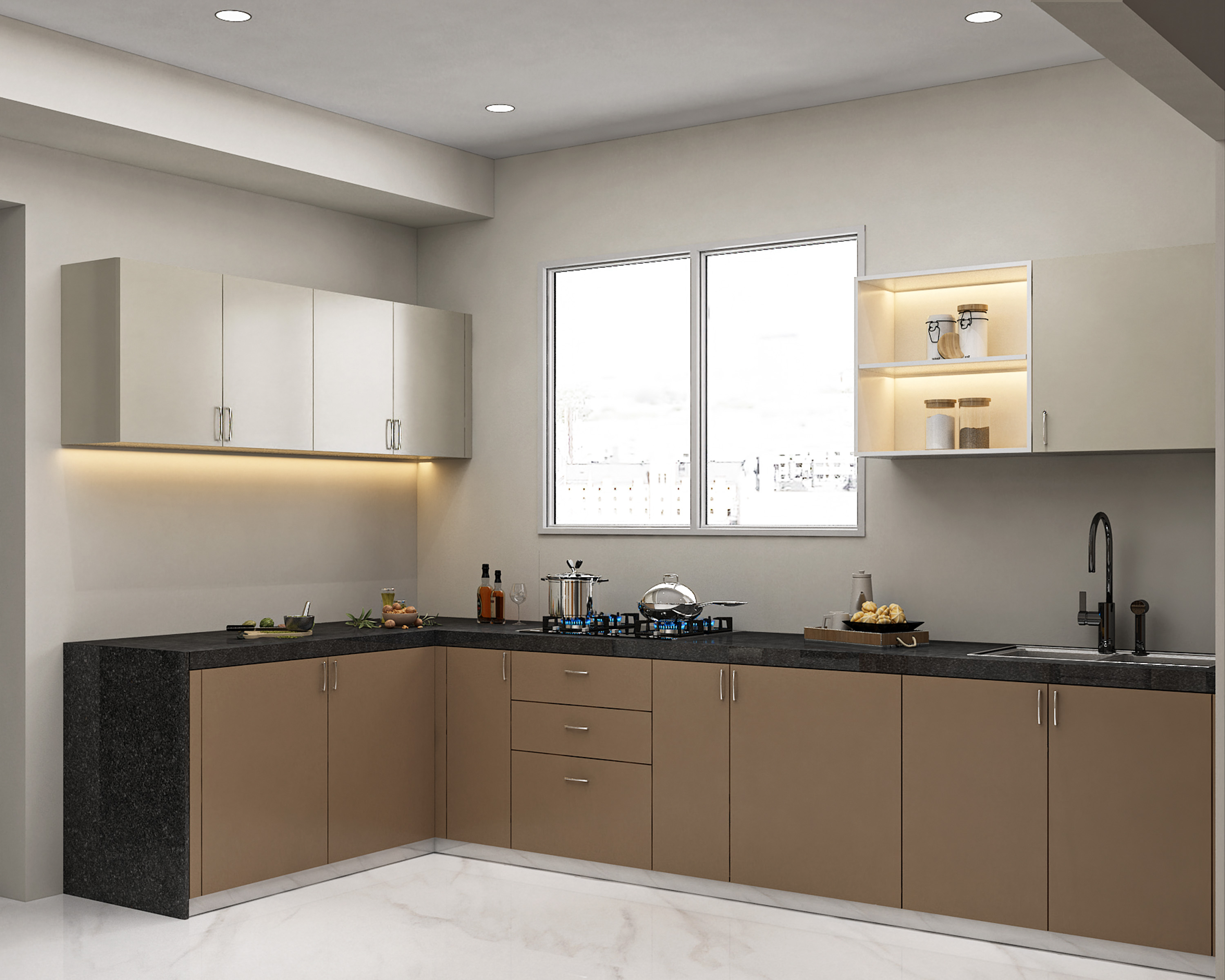 Contemporary Tan and White L-Shaped Kitchen Design with Granite ...
