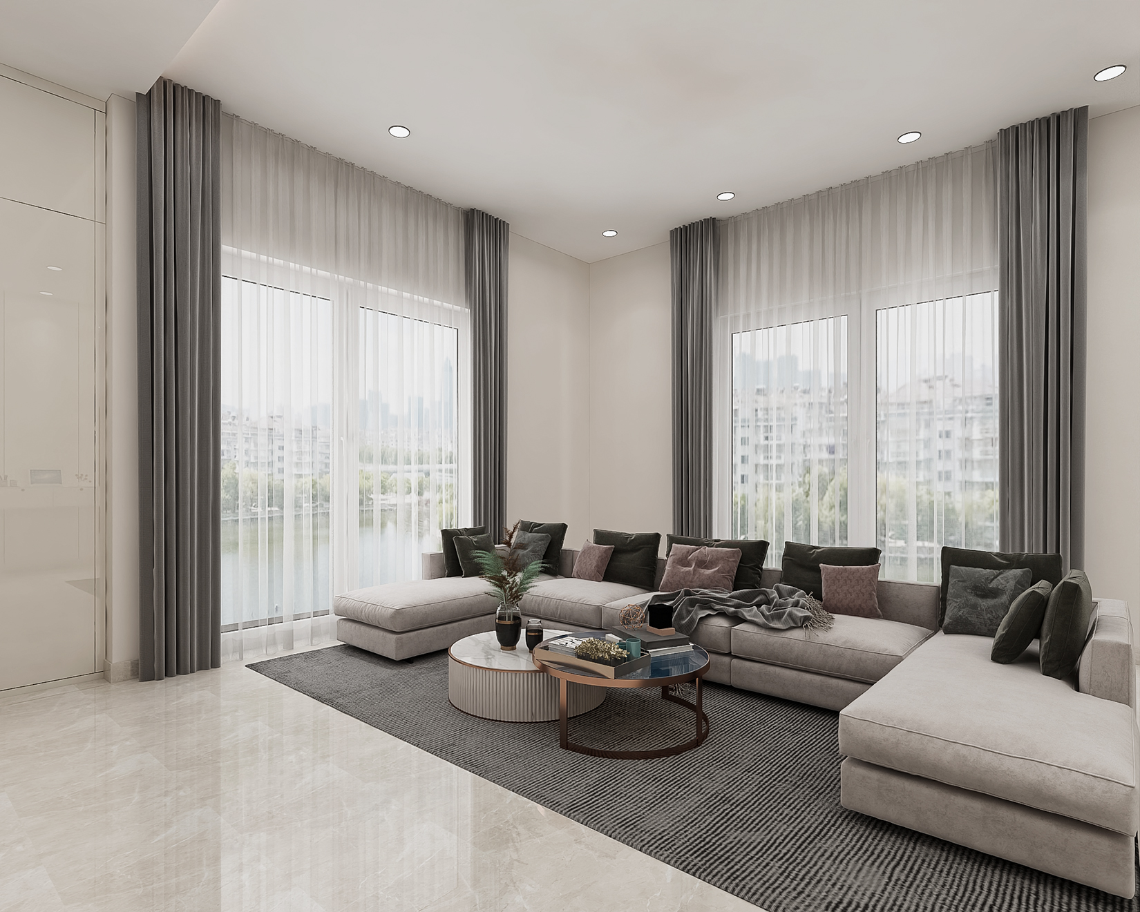 Modern Living Room Design with L-Shaped Sofa and Round Nested Table ...