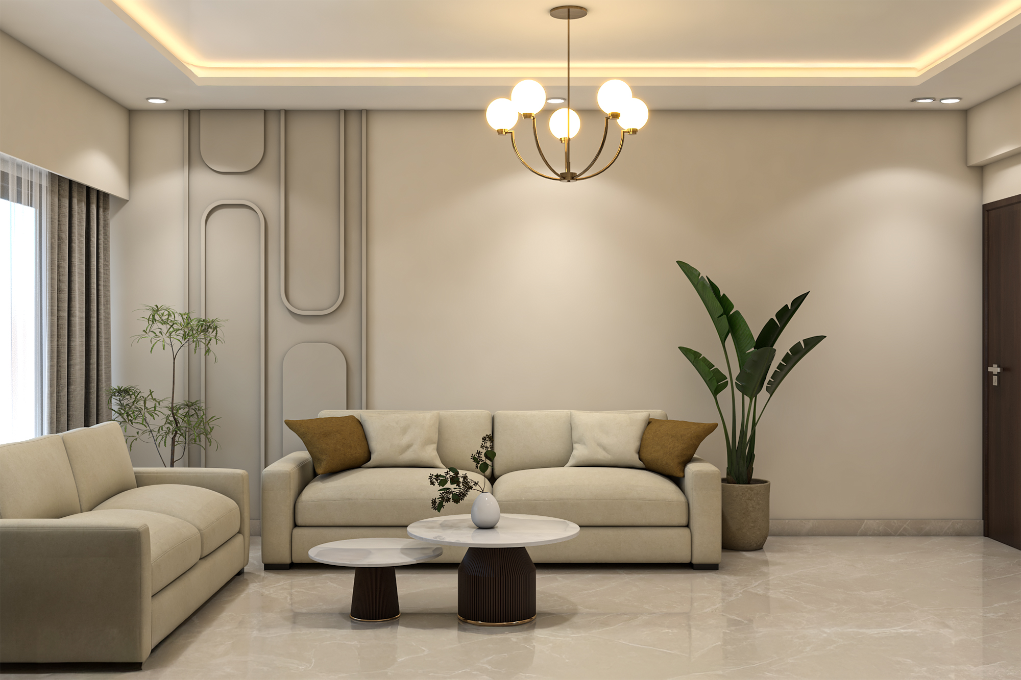 Living Room Design with Modern Neutral Sofas and Marble Coffee Tables ...