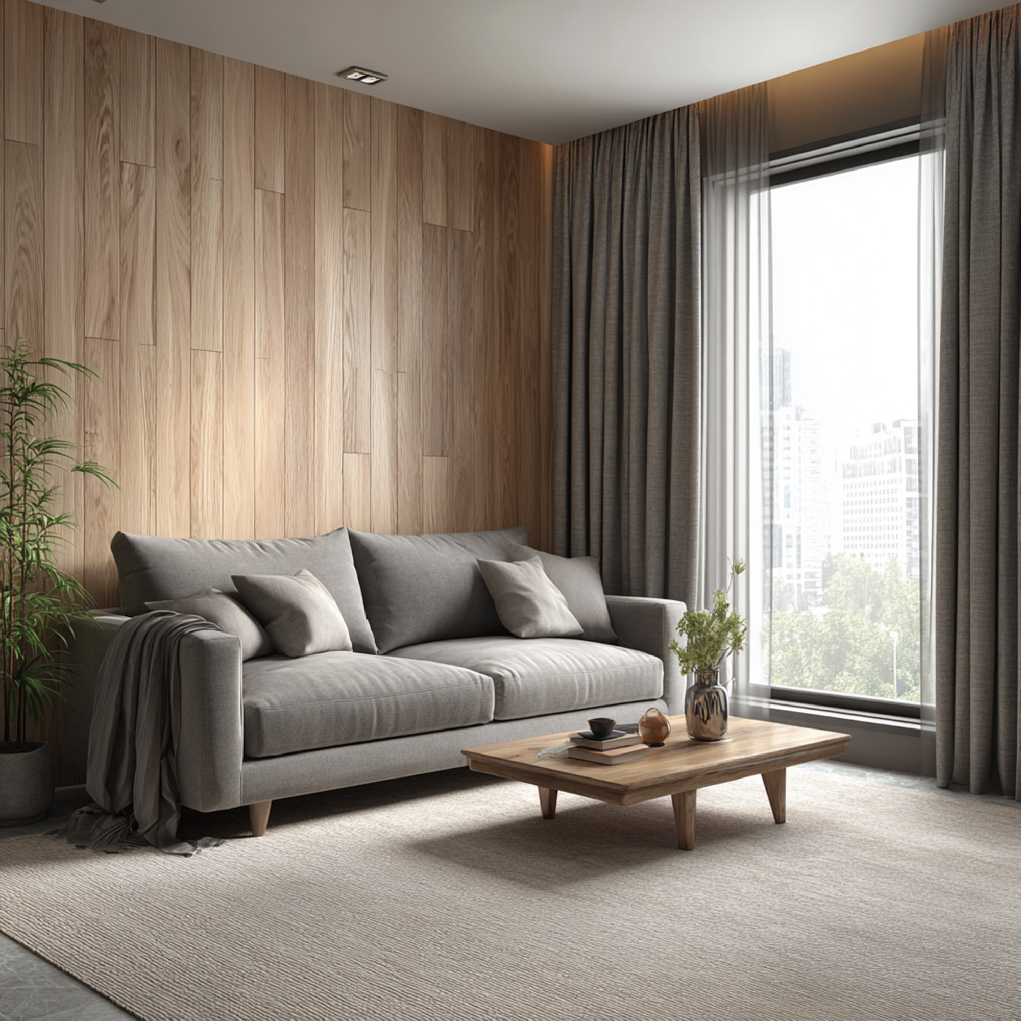 Scandinavian Living Room Design with Grey 3-Seater Sofa and Wooden ...