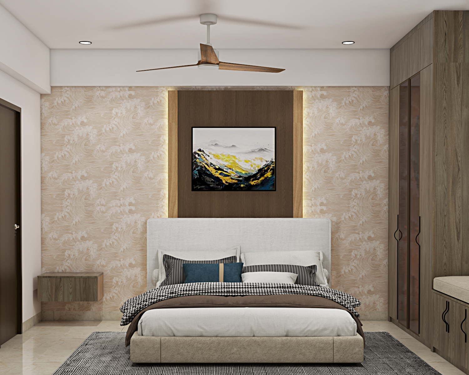 Modern Master Bedroom Design with Backlit Wood Panels and Wardrobe ...