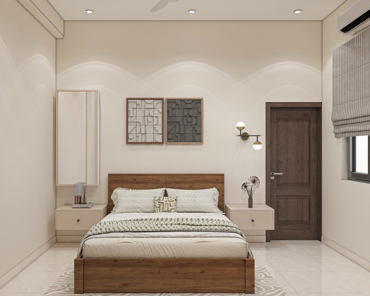 Master Bedroom Design with Modern Wooden Platform Bed and Art Wall ...