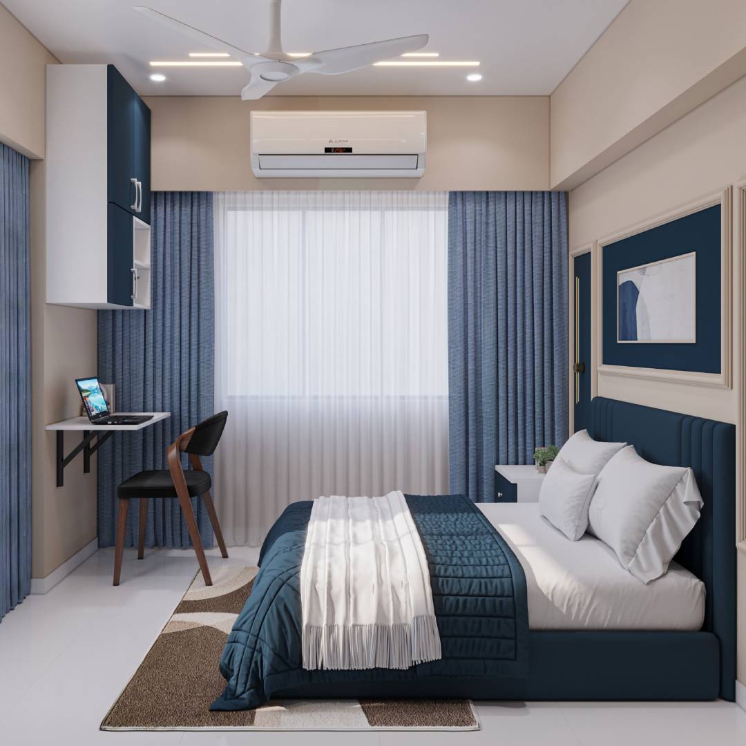 Contemporary Master Bedroom Design with Queen Bed and Navy Blue Study ...