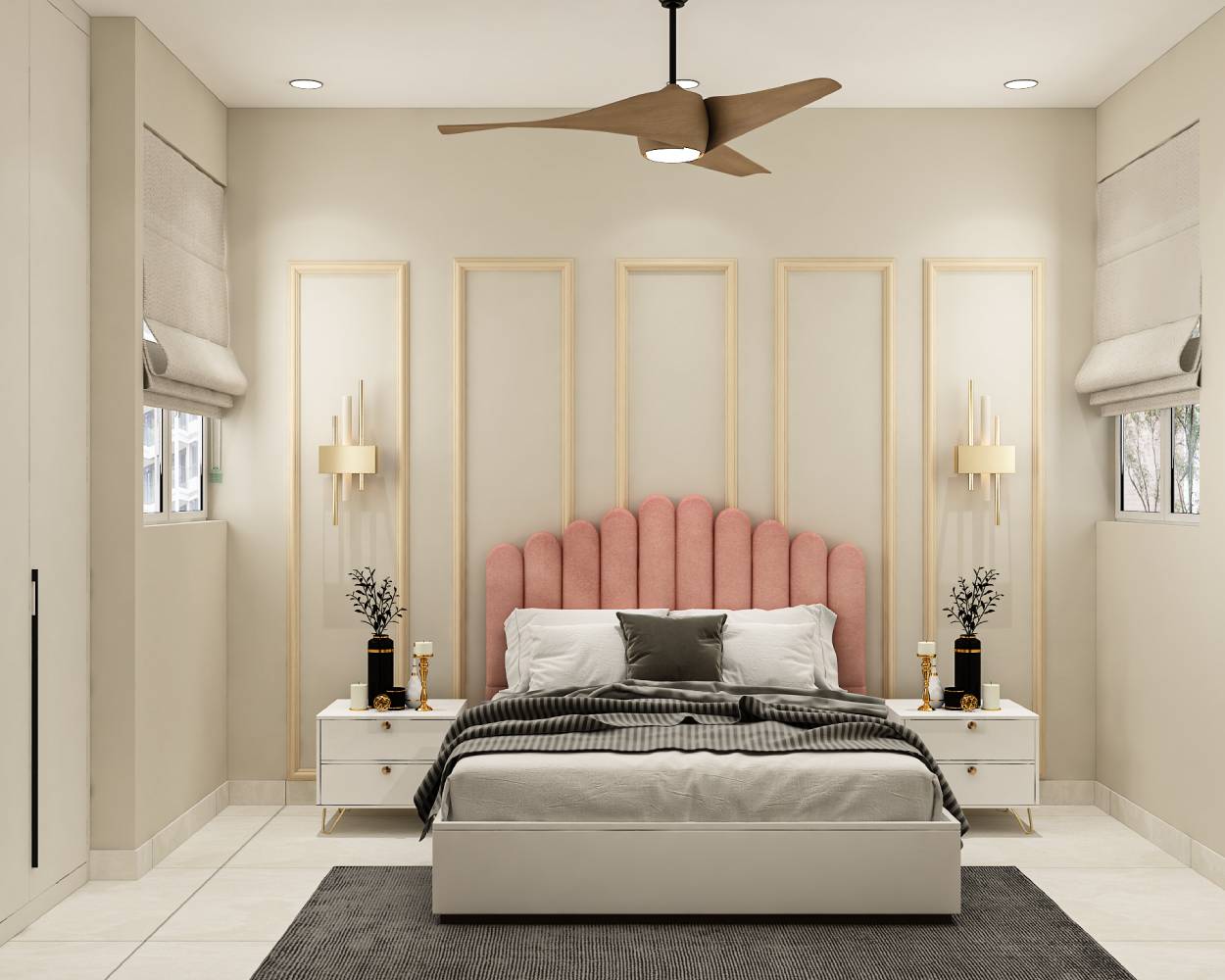 Contemporary Master Bedroom Design with Scalloped Headboard and Storage ...