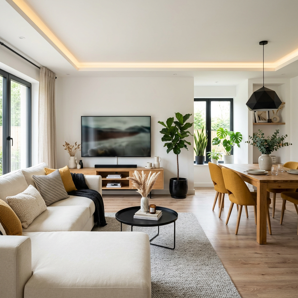 Space Saving Modern Living Room Design with Sofa TV Unit and Dining ...