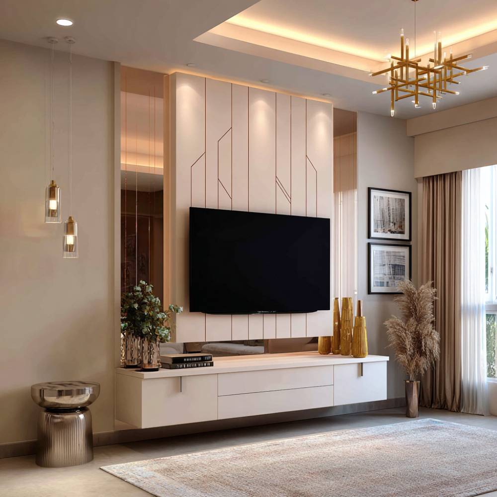 White Modern TV Unit Design with Floating Storage Console and Vertical ...