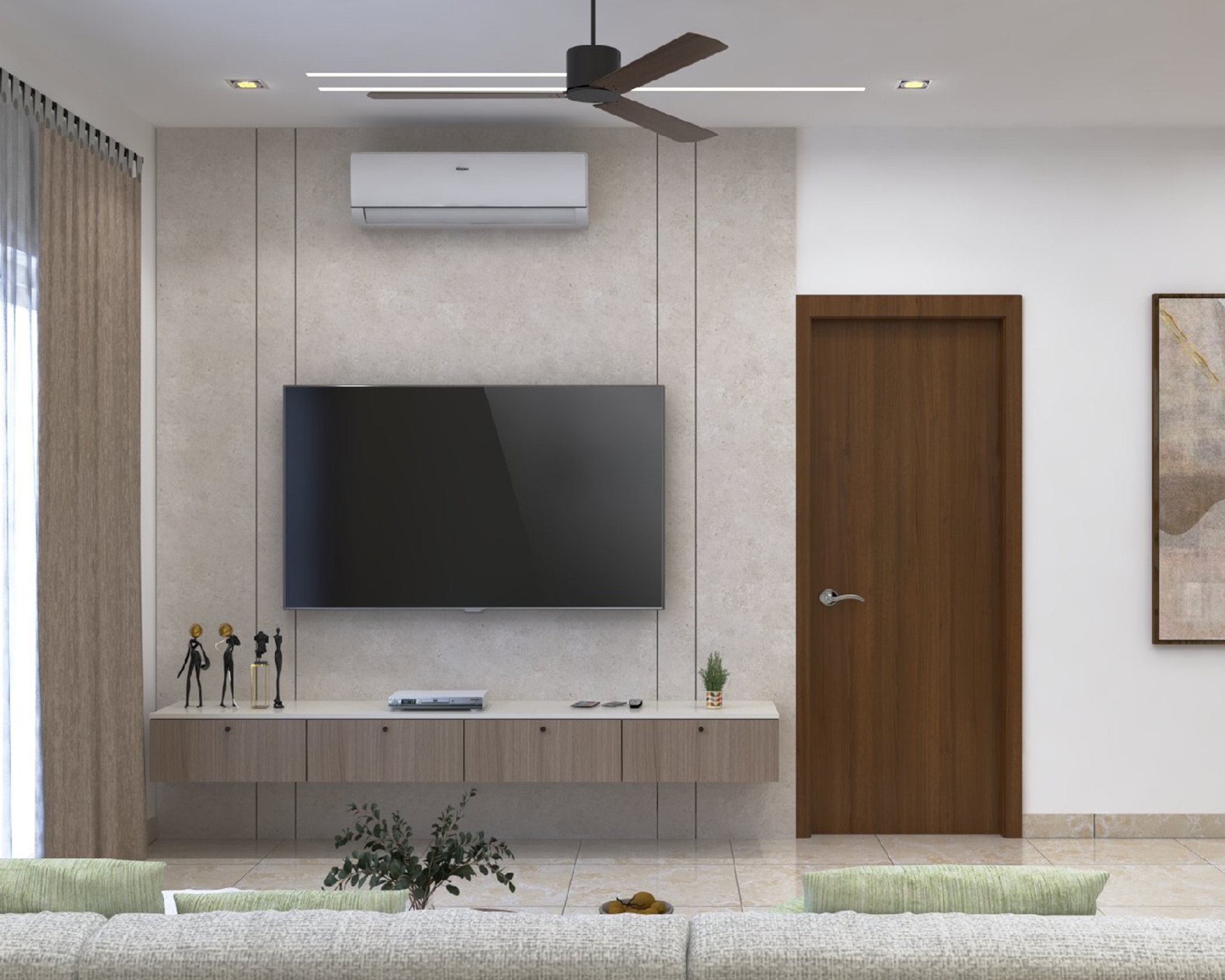 Walnut Modern TV Unit Design with Floating Console Storage in Suede ...