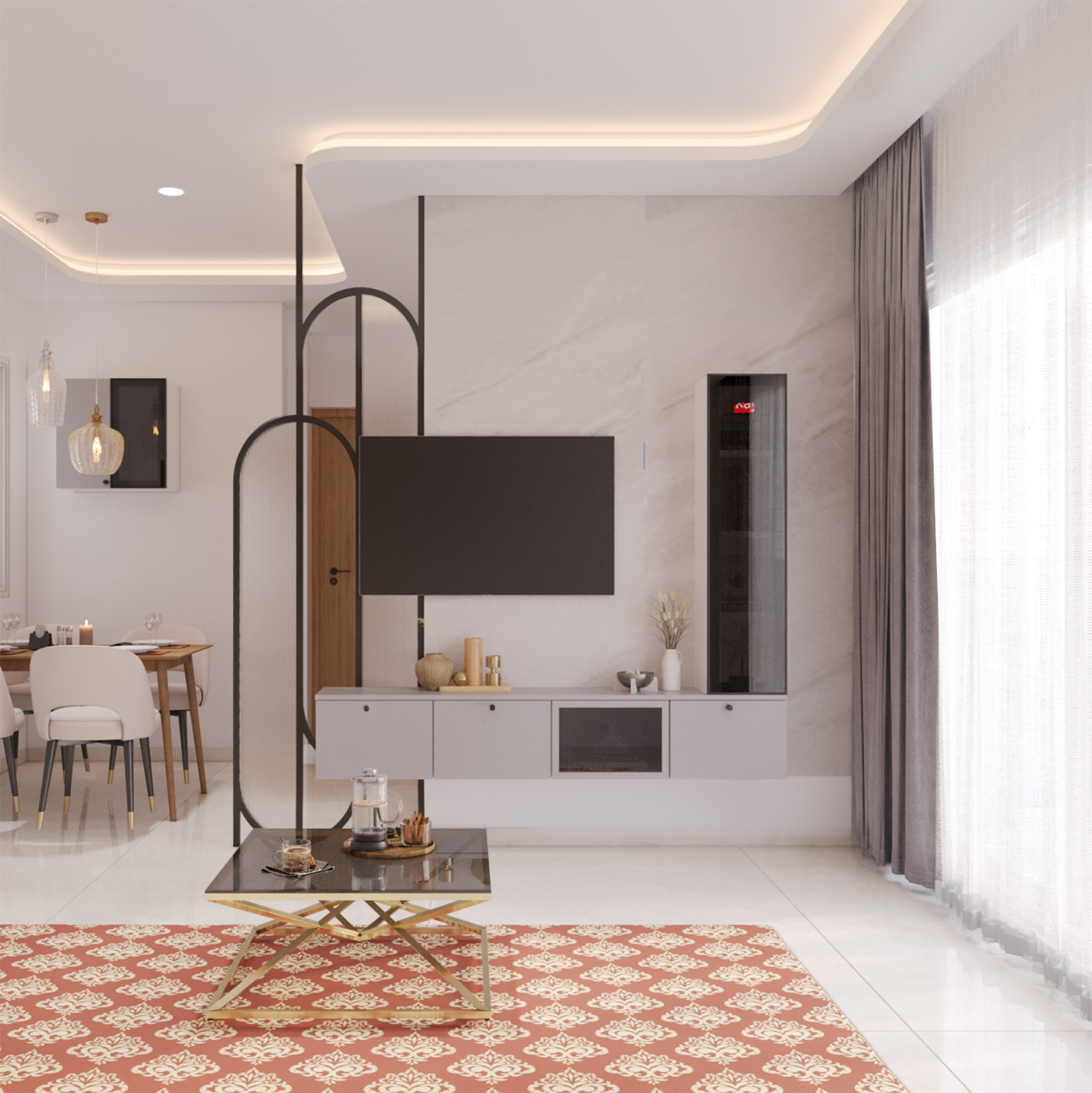 Grey Contemporary TV Unit Design with Marble Backdrop and Cabinet ...