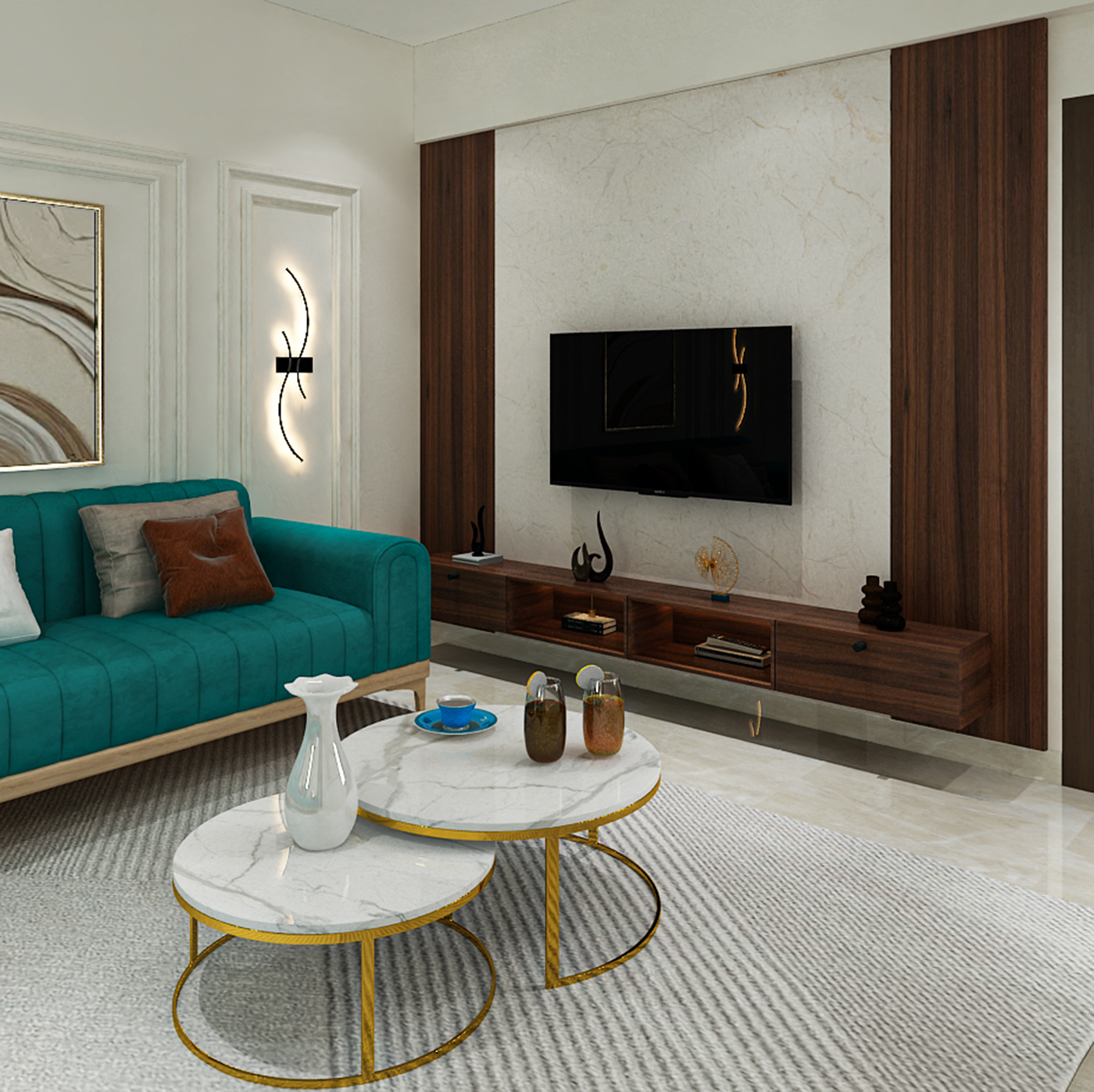 Contemporary Walnut TV Unit Design with Suede Finish Floating Console ...