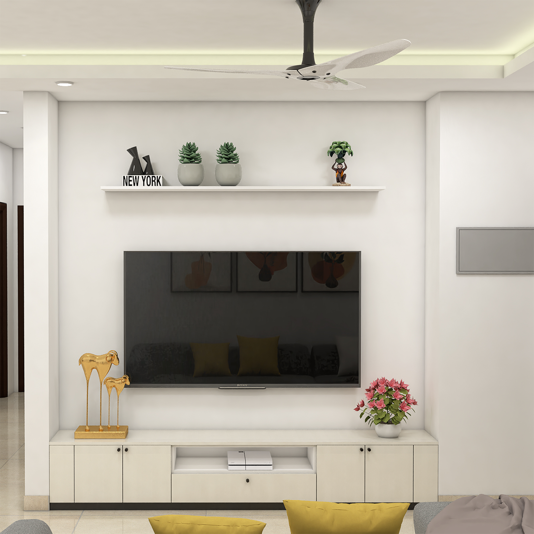 White Modern TV Unit Design with Floating Shelf and Drawer Storage ...