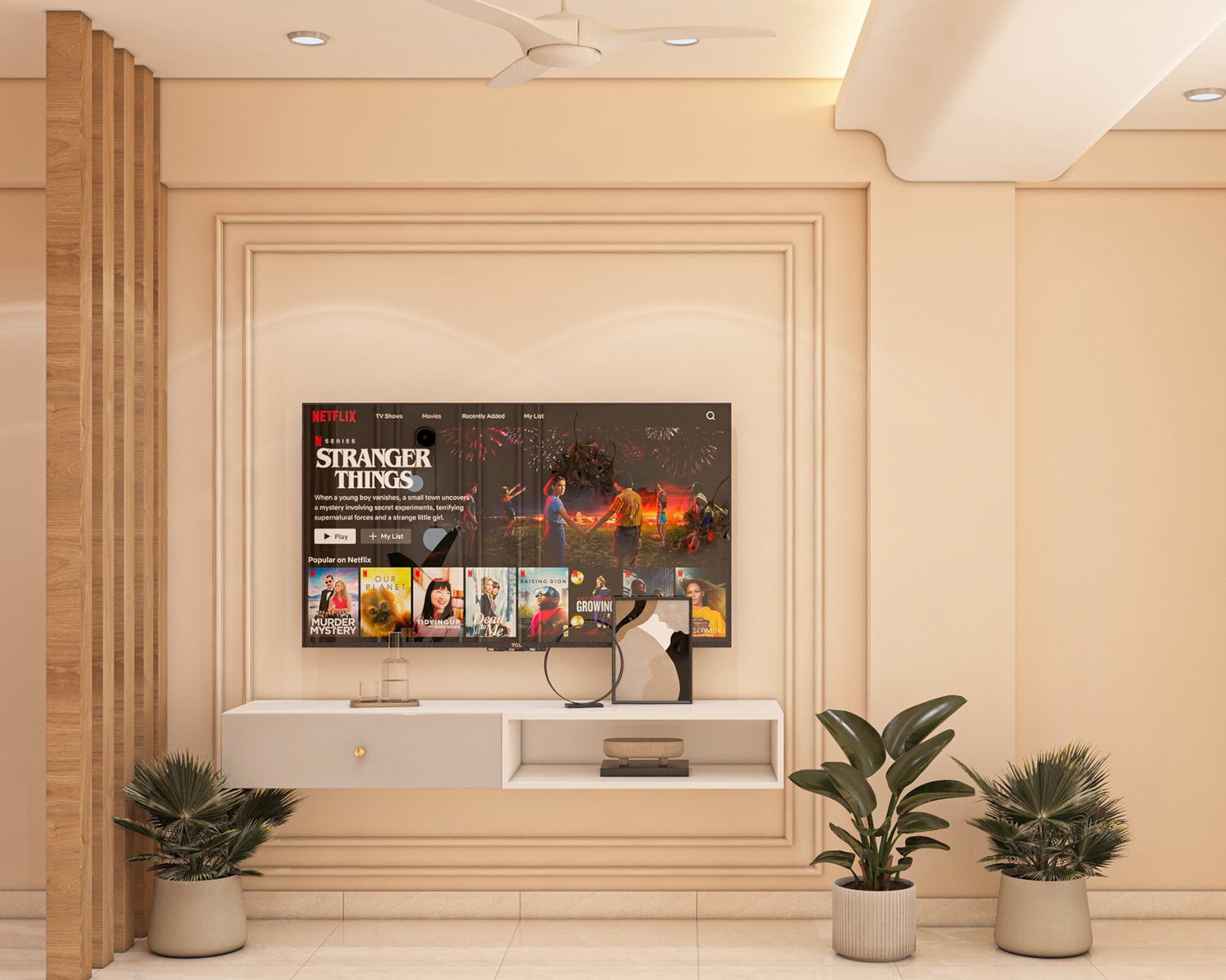 Grey Modern TV Unit Design with Floating Console and Open Shelf | Livspace