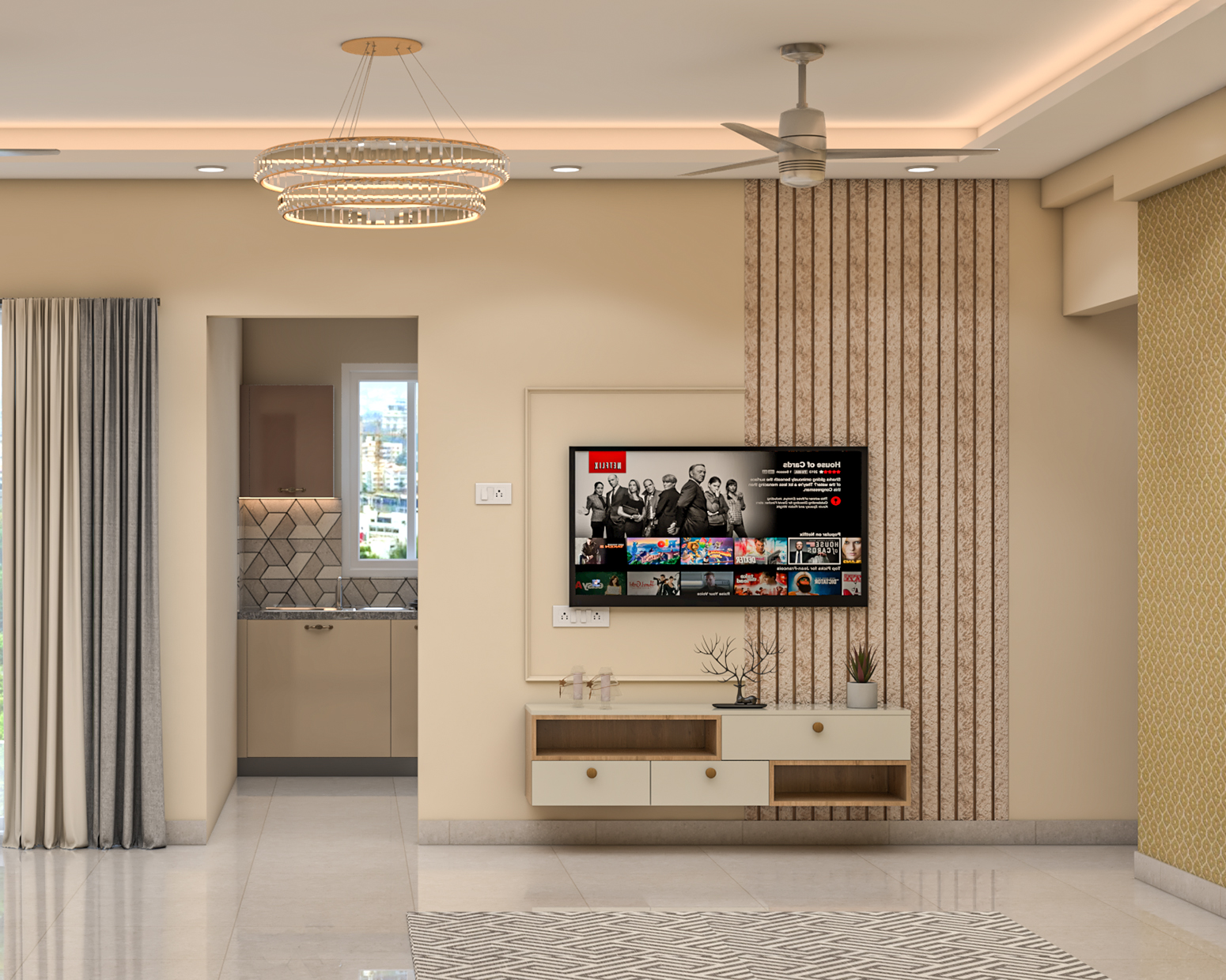 Contemporary Wood And White TV Unit Design with Floating Console and ...