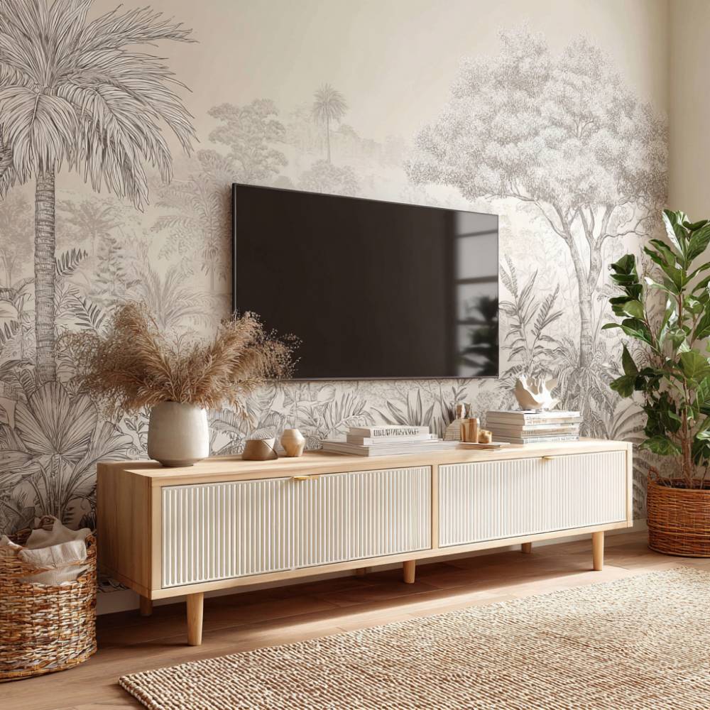Oak White Scandinavian TV Unit Design with Wooden Texture Drawer ...