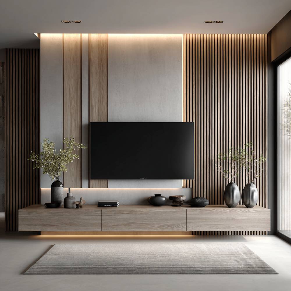Walnut Modern TV Unit Design With Floating Drawer Storage and Wood ...